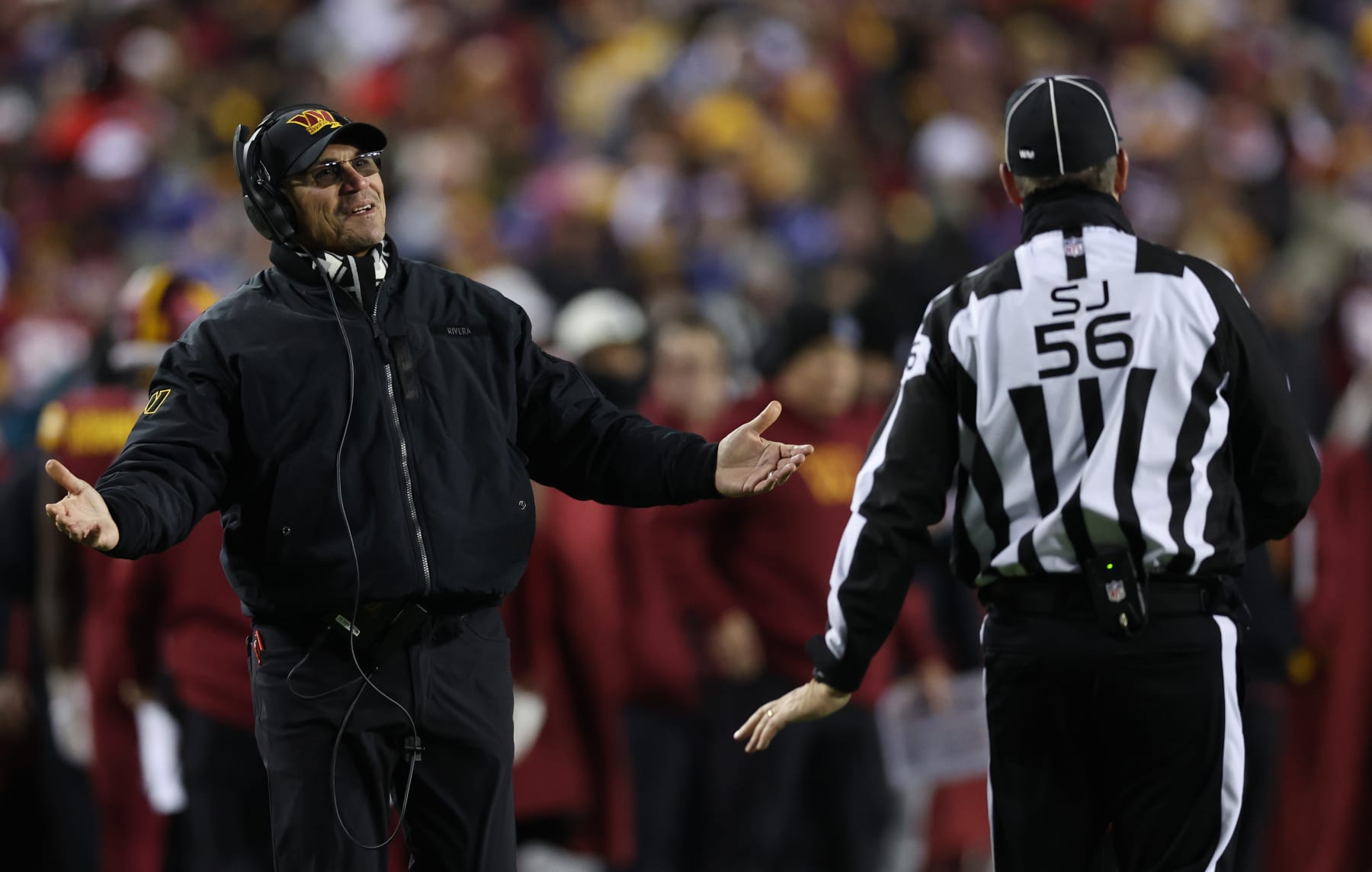 LANDOVER, MARYLAND - DECEMBER 18: Head Coach Ron Rivera of the Washington Commanders reacts during the thir quarter against the New York Giants at FedExField on December 18, 2022 in Landover, Maryland. (Photo by Todd Olszewski/Getty Images)
