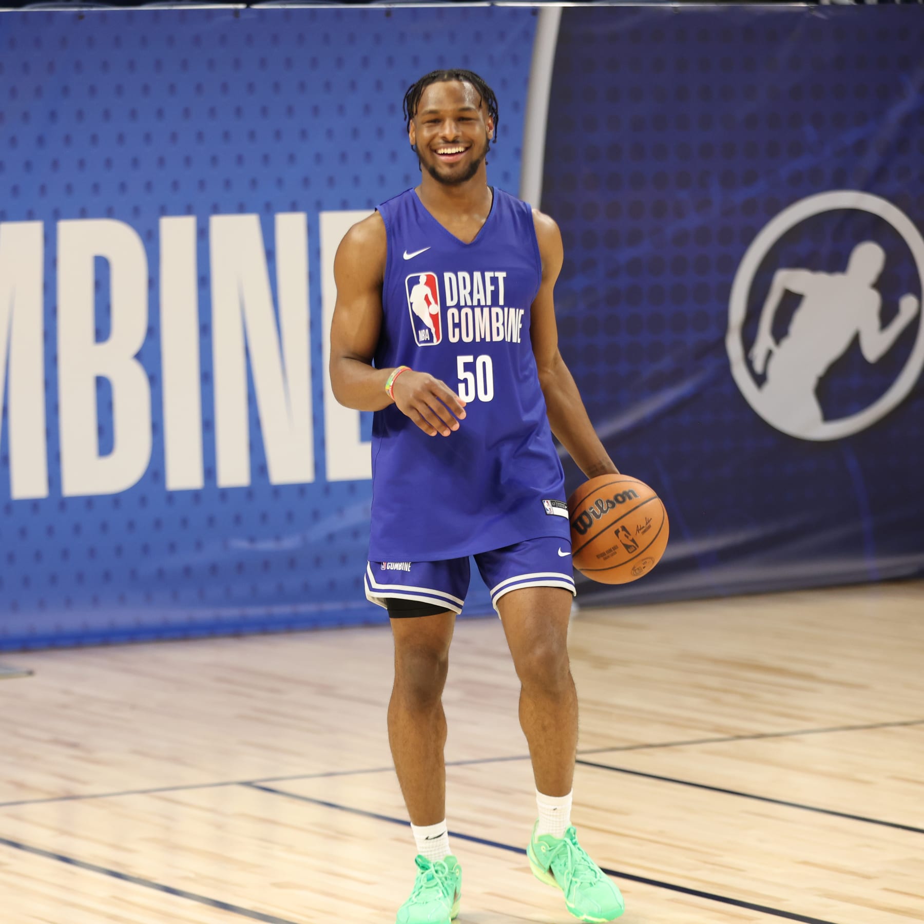 CHICAGO, IL - MAY 13: Bronny James smiles during the 2024 NBA Combine on May 13, 2024 at Wintrust Arena in Chicago, Illinois. NOTE TO USER: User expressly acknowledges and agrees that, by downloading and or using this photograph, User is consenting to the terms and conditions of the Getty Images License Agreement. Mandatory Copyright Notice: Copyright 2024 NBAE (Photo by Jeff Haynes/NBAE via Getty Images)