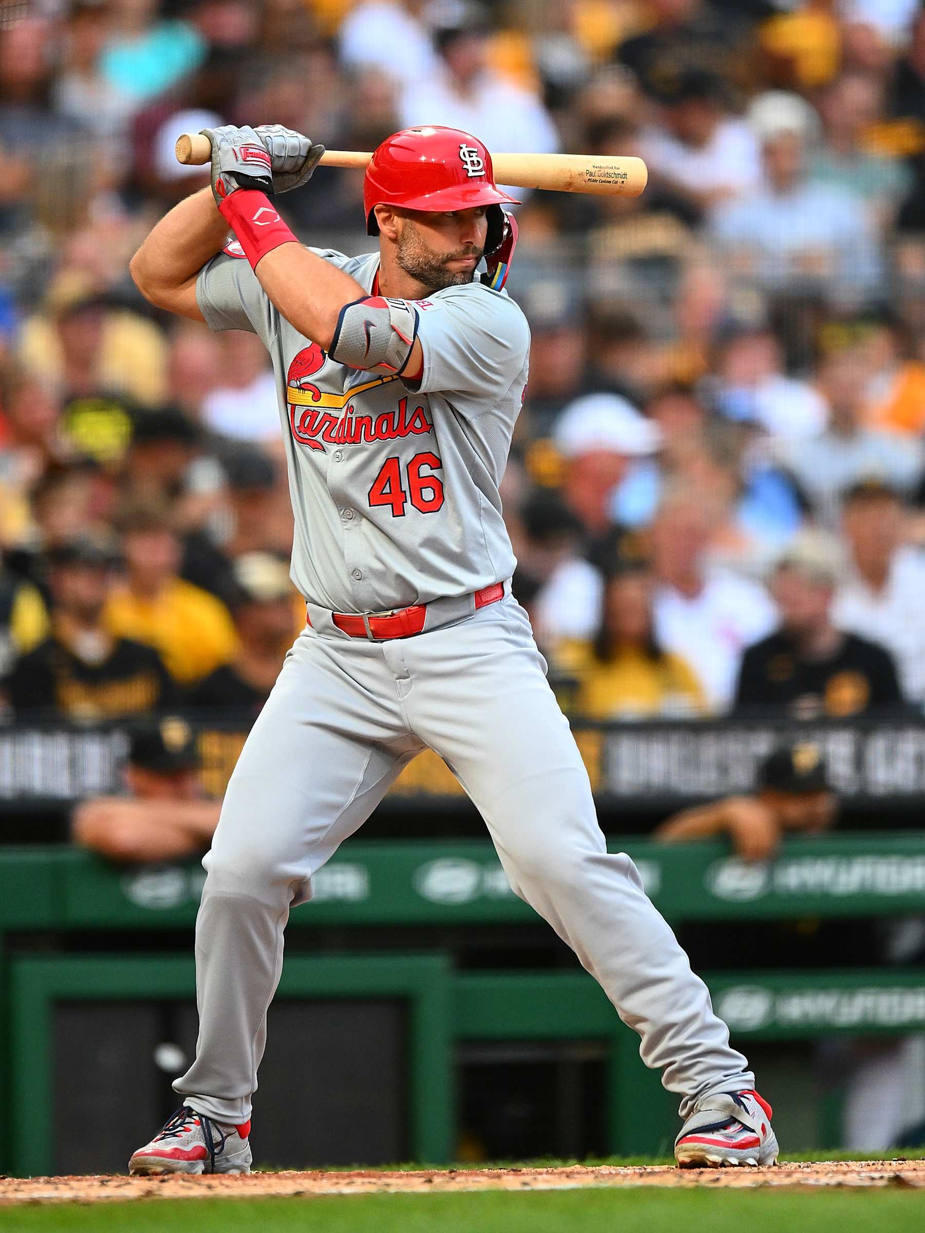 PITTSBURGH, PENNSYLVANIA - JULY 23:  Paul Goldschmidt #46 of the St. Louis Cardinals in action during the game against the Pittsburgh Pirates at PNC Park on July 23, 2024 in Pittsburgh, Pennsylvania. (Photo by Joe Sargent/Getty Images)