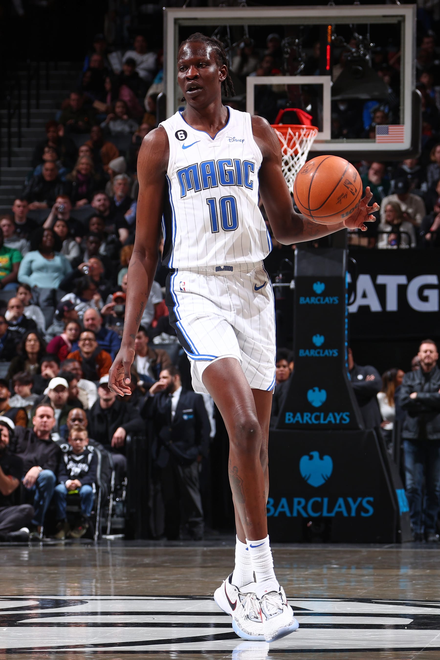 BROOKLYN, NY - APRIL 7: Bol Bol #10 of the Orlando Magic dribbles the ball during the game against the Brooklyn Nets on April 7, 2023 at Barclays Center in Brooklyn, New York. NOTE TO USER: User expressly acknowledges and agrees that, by downloading and or using this Photograph, user is consenting to the terms and conditions of the Getty Images License Agreement. Mandatory Copyright Notice: Copyright 2023 NBAE (Photo by Nathaniel S. Butler/NBAE via Getty Images)