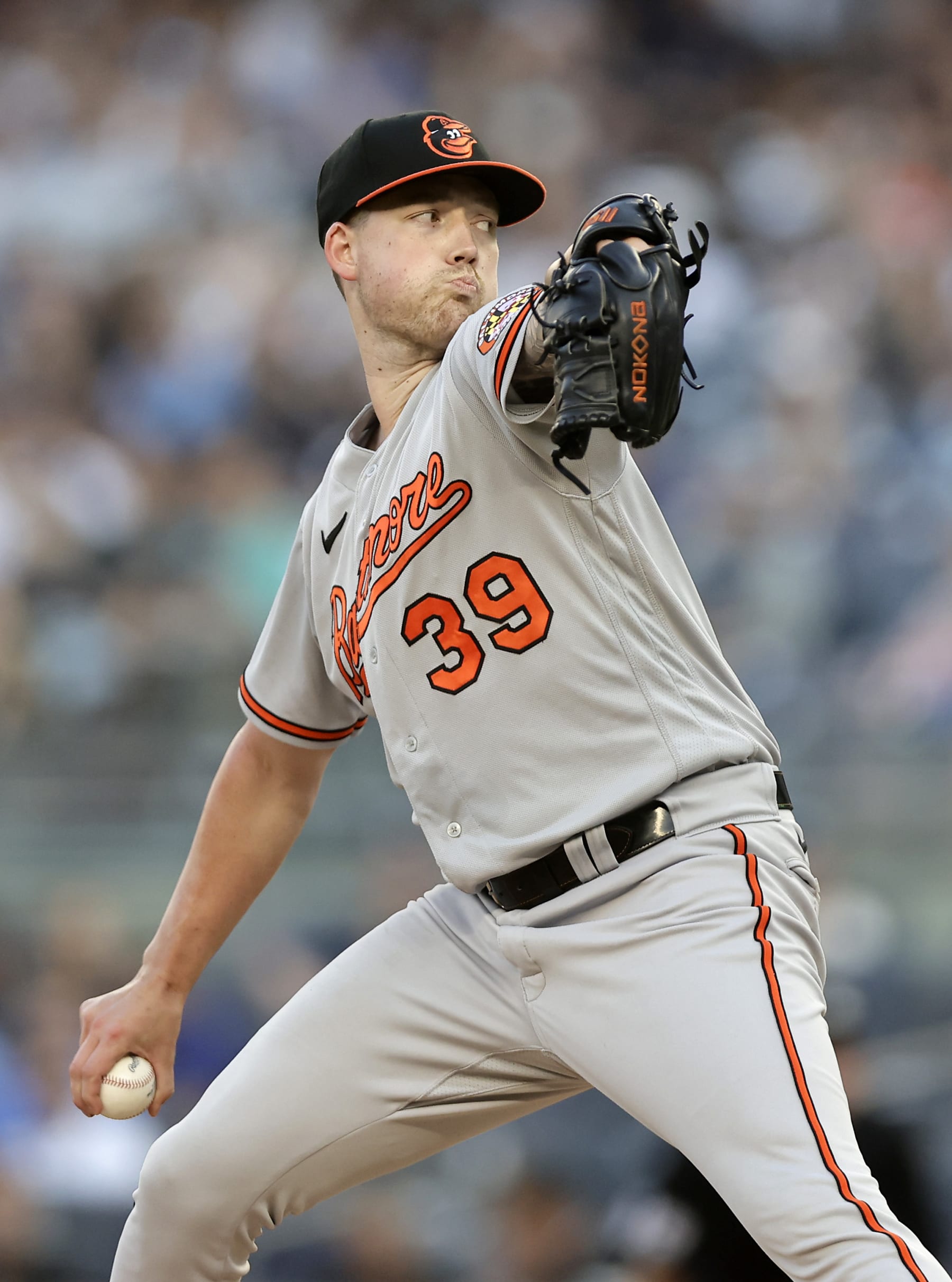 NEW YORK, NEW YORK - JULY 06: (NEW YORK DAILIES OUT)  Kyle Bradish #39 of the Baltimore Orioles in action against the New York Yankees at Yankee Stadium on July 6, 2023 in Bronx borough of New York City. The Orioles defeated the Yankees 14-1. (Photo by Jim McIsaac/Getty Images)