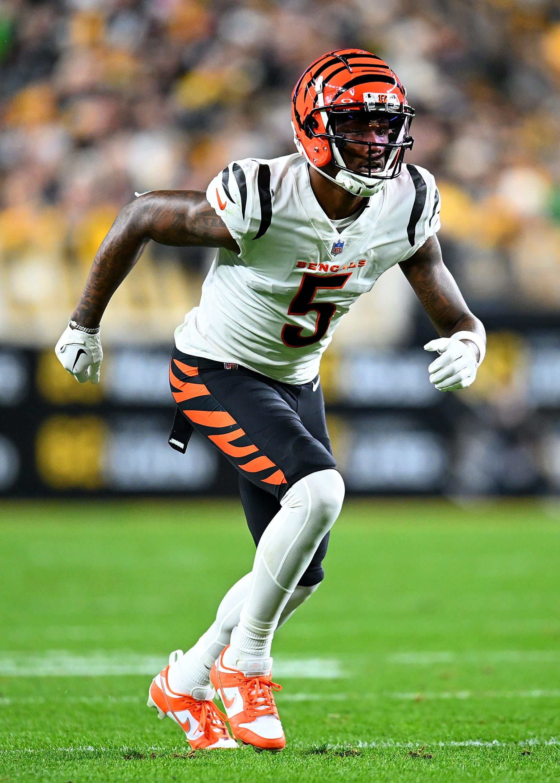 PITTSBURGH, PENNSYLVANIA - DECEMBER 23:  Tee Higgins #5 of the Cincinnati Bengals in action during the game against the  Pittsburgh Steelers at Acrisure Stadium on December 23, 2023 in Pittsburgh, Pennsylvania. (Photo by Joe Sargent/Getty Images)