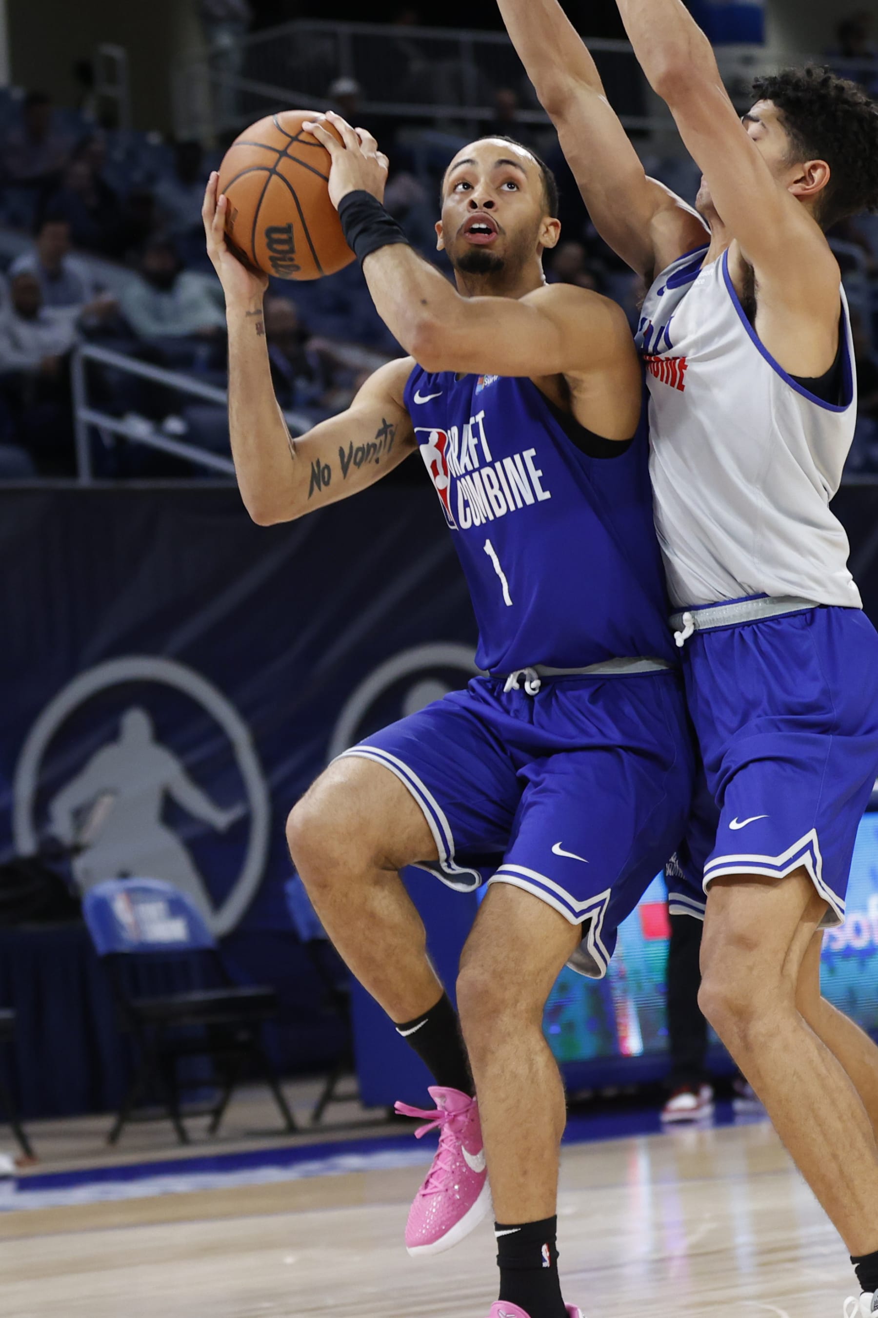 CHICAGO, IL - MAY 18: NBA Draft Prospect, Amari Bailey #1 drives to the basket during the 2023 NBA Combine at Wintrust Arena on May 18, 2023 in Chicago, Illinois. NOTE TO USER: User expressly acknowledges and agrees that, by downloading and or using this photograph, user is consenting to the terms and conditions of the Getty Images License Agreement. Mandatory Copyright Notice: Copyright 2023 NBAE (Photo by Kamil Krzaczynski/NBAE via Getty Images)
