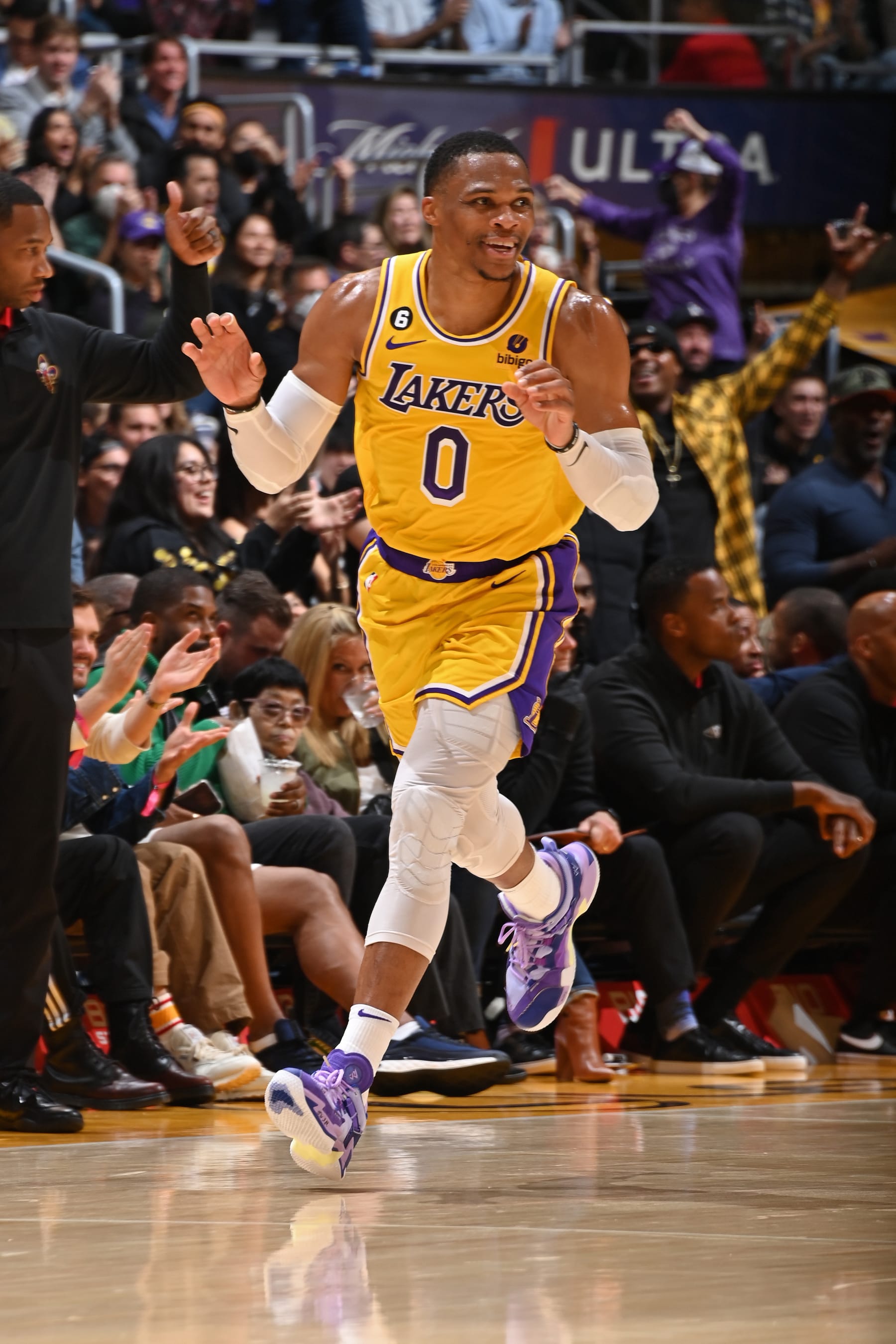 LOS ANGELES, CA - NOVEMBER 2: Russell Westbrook #0 of the Los Angeles Lakers celebrates against the New Orleans Pelicans on November 2, 2022 at Crypto.Com Arena in Los Angeles, California. NOTE TO USER: User expressly acknowledges and agrees that, by downloading and/or using this Photograph, user is consenting to the terms and conditions of the Getty Images License Agreement. Mandatory Copyright Notice: Copyright 2022 NBAE (Photo by Andrew D. Bernstein/NBAE via Getty Images)