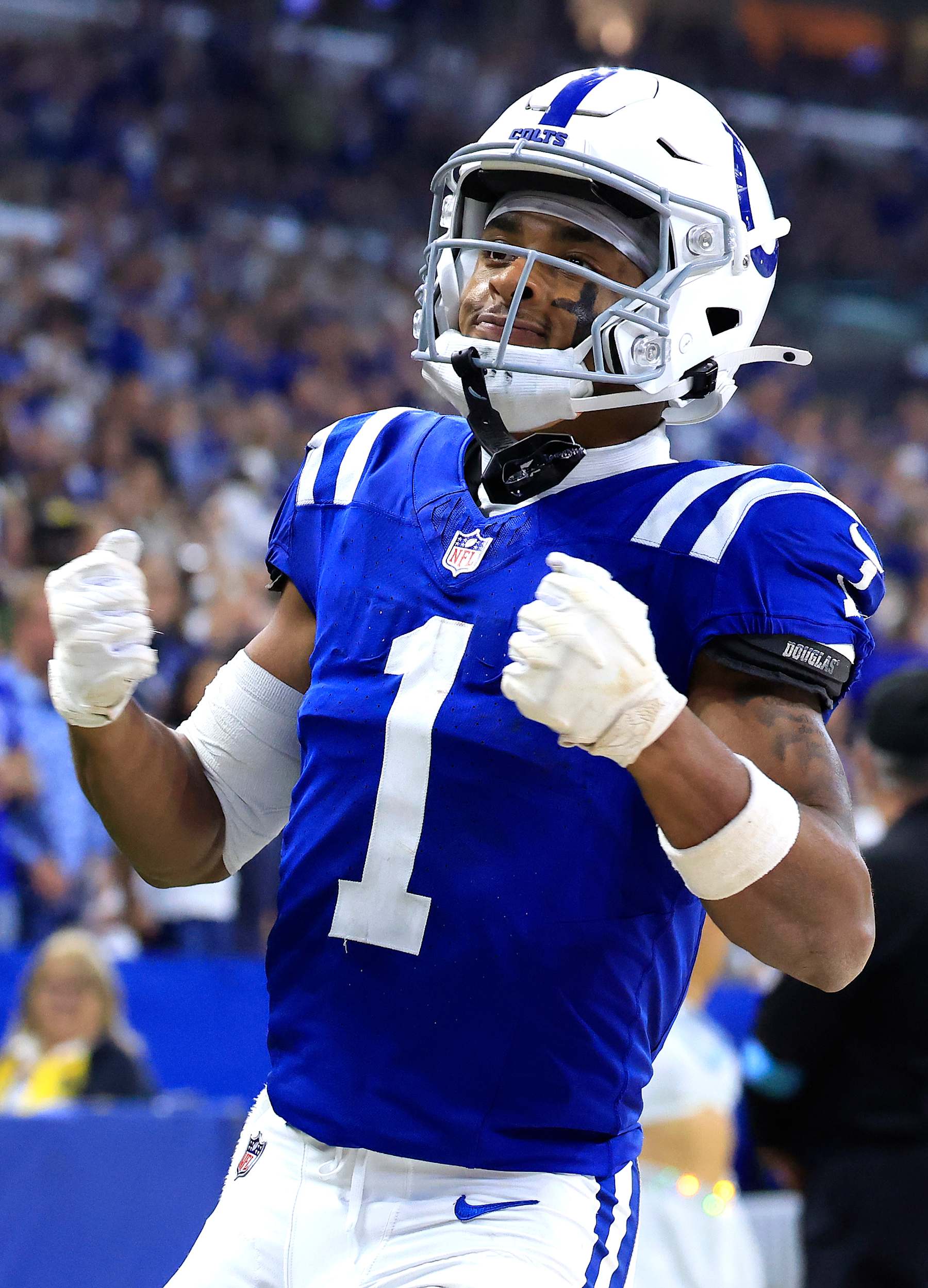 INDIANAPOLIS, INDIANA - SEPTEMBER 29: Josh Downs #1 of the Indianapolis Colts reacts after a first down against the Pittsburgh Steelers during the fourth quarter at Lucas Oil Stadium on September 29, 2024 in Indianapolis, Indiana. (Photo by Justin Casterline/Getty Images)