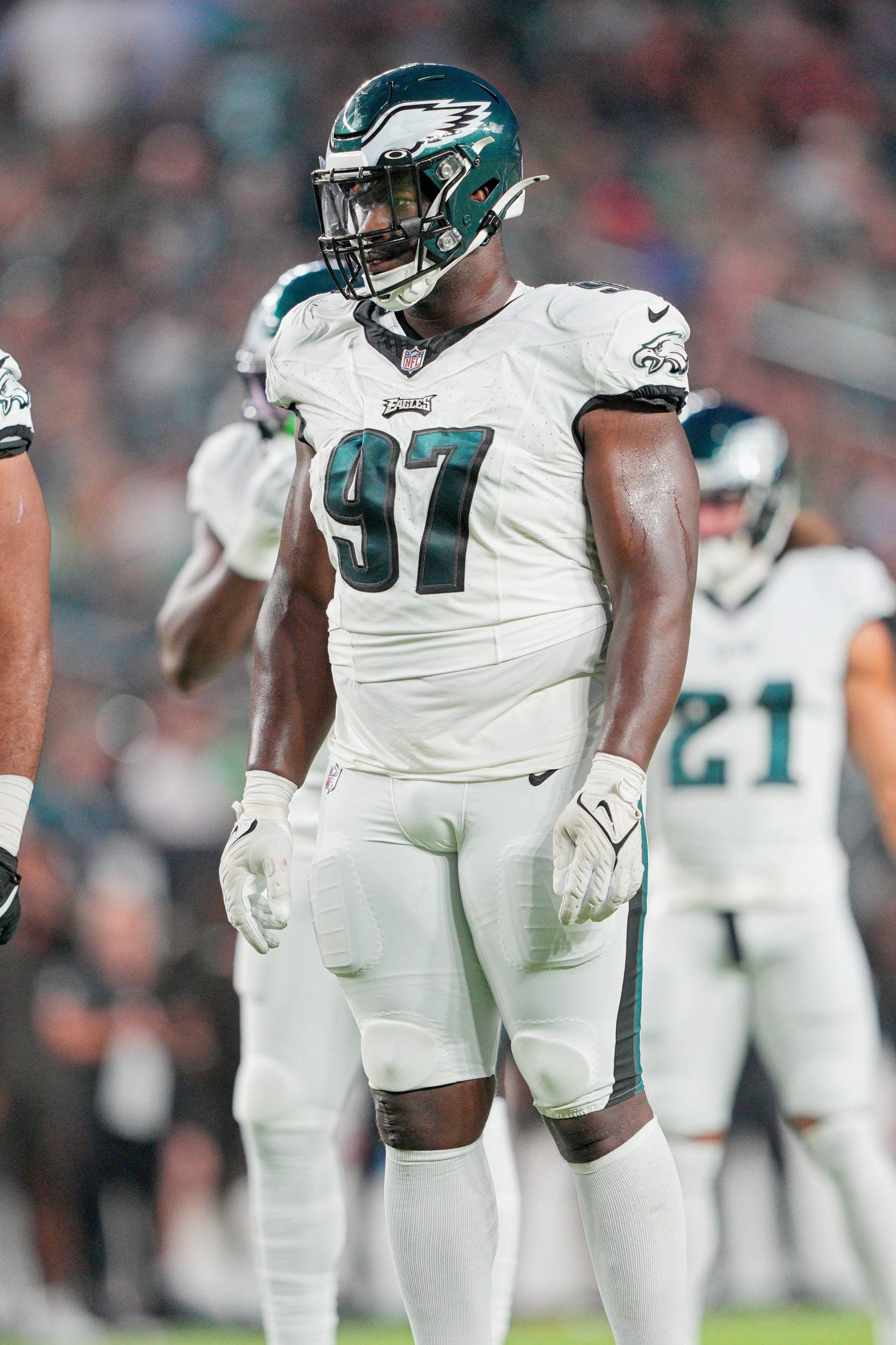 PHILADELPHIA, PA - AUGUST 17: Philadelphia Eagles defensive tackle Kentavius Street (97) looks on during the preseason game between the Cleveland Browns and the Philadelphia Eagles on August 17, 2023, at Lincoln Financial Field in Philadelphia, PA. (Photo by Andy Lewis/Icon Sportswire via Getty Images)
