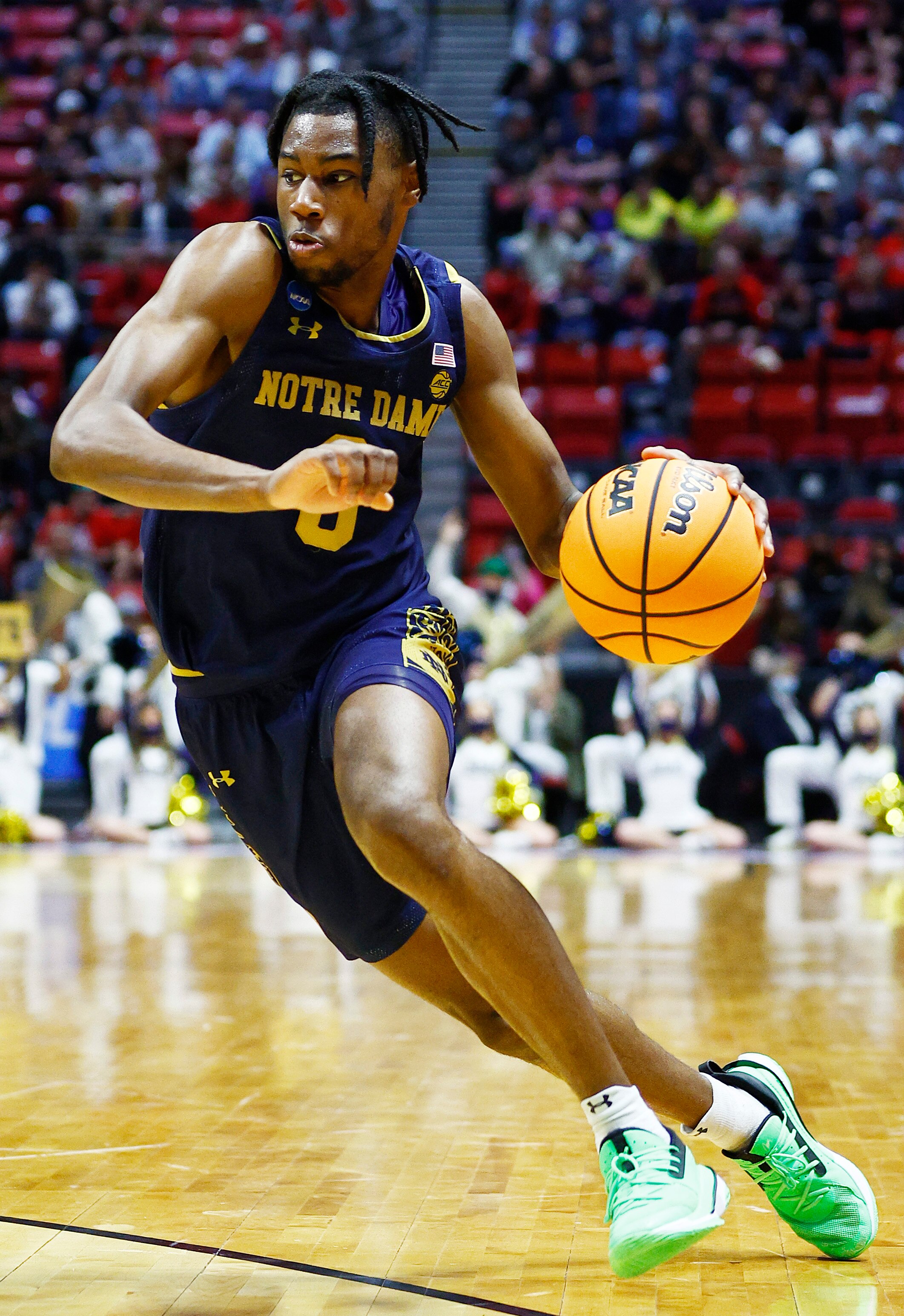 SAN DIEGO, CALIFORNIA - MARCH 20: Blake Wesley #0 of the Notre Dame Fighting Irish drives to the basket during the first half against the Texas Tech Red Raiders in the second round game of the 2022 NCAA Men's Basketball Tournament at Viejas Arena at San Diego State University on March 20, 2022 in San Diego, California. (Photo by Ronald Martinez/Getty Images)