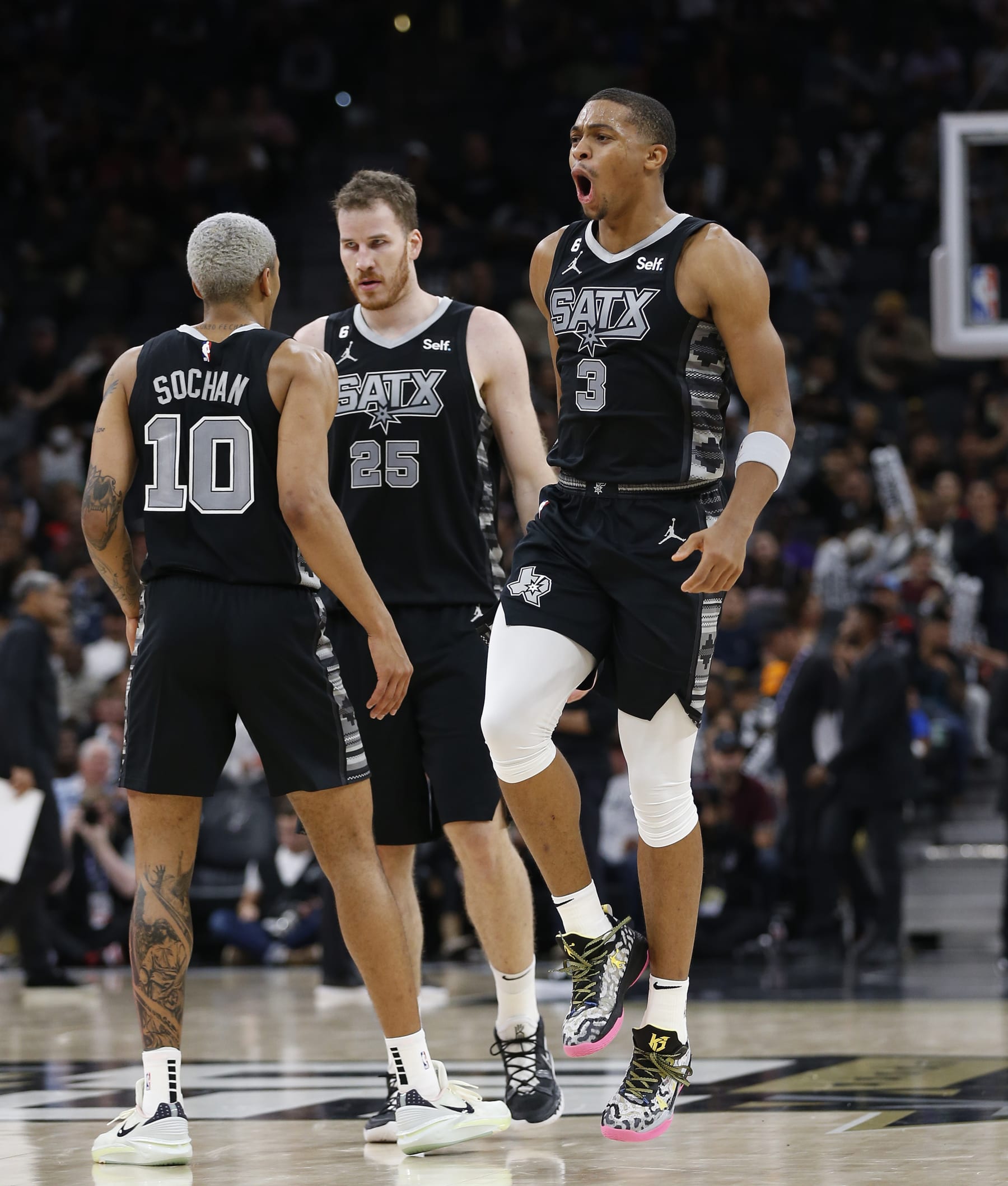 SAN ANTONIO, TX - OCTOBER 28:  Keldon Johnson #3 of the San Antonio Spurs celebrates after hitting a three against the Chicago Bulls in the second half at AT&T Center on October 28,  2022 in San Antonio, Texas. NOTE TO USER: User expressly acknowledges and agrees that, by downloading and or using this photograph, User is consenting to terms and conditions of the Getty Images License Agreement. (Photo by Ronald Cortes/Getty Images)