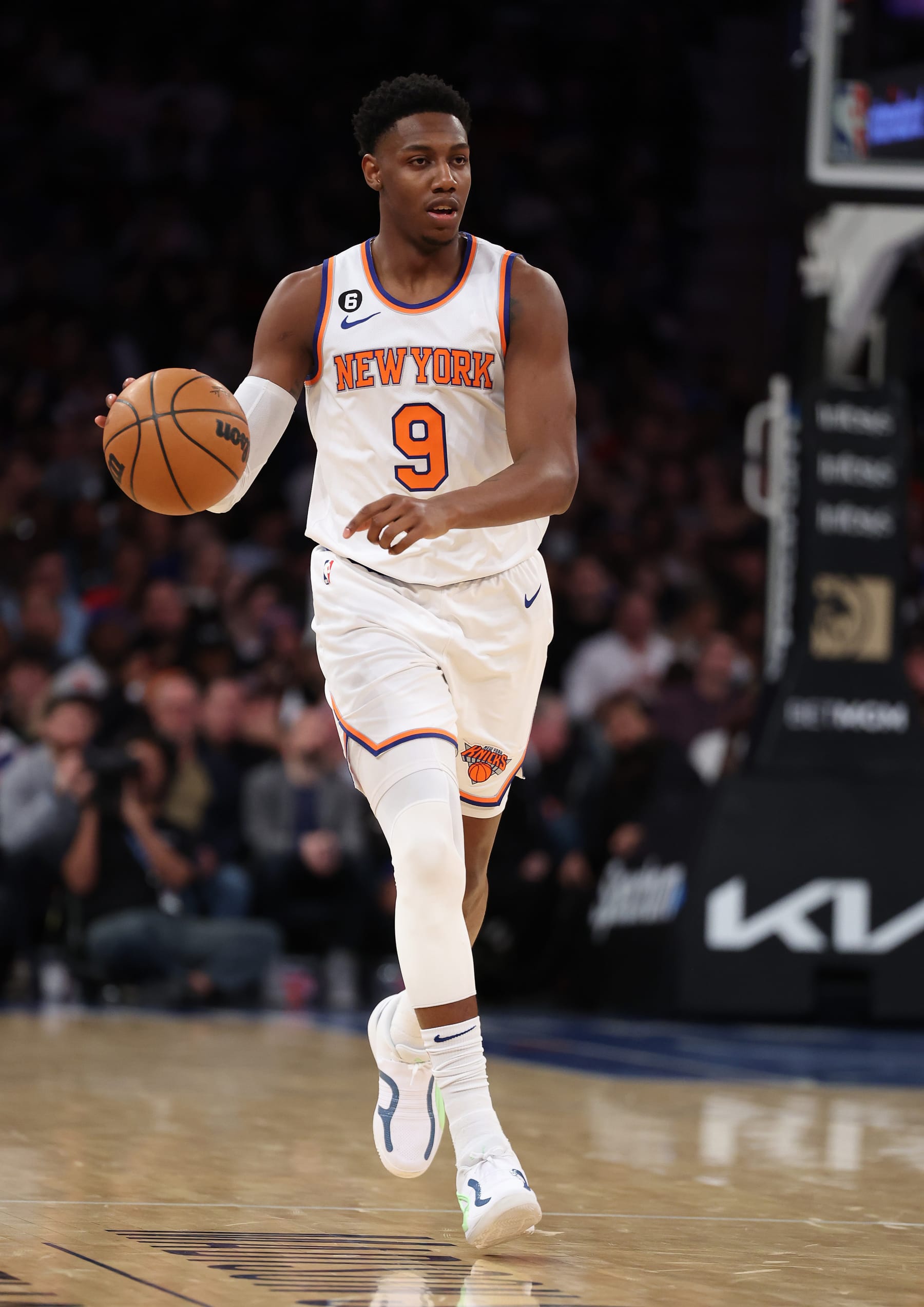 NEW YORK, NEW YORK - MARCH 07:  RJ Barrett #9 of the New York Knicks in action against the Charlotte Hornets during their game at Madison Square Garden on March 07, 2023 in New York City.  User expressly acknowledges and agrees that, by downloading and or using this photograph, User is consenting to the terms and conditions of the Getty Images License Agreement.   (Photo by Al Bello/Getty Images)