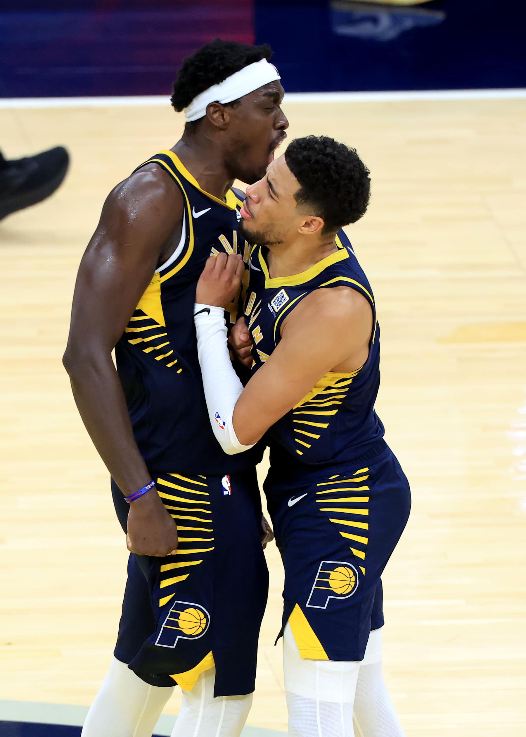 INDIANAPOLIS, INDIANA - OCTOBER 30:  Pascal Siakam #43 of the Indiana Pacers reacts after a shot with Tyrese Haliburton #0 in overtime against the Boston Celtics at Gainbridge Fieldhouse on October 30, 2024 in Indianapolis, Indiana. NOTE TO USER: User expressly acknowledges and agrees that, by downloading and or using this photograph, User is consenting to the terms and conditions of the Getty Images License Agreement. (Photo by Justin Casterline/Getty Images)