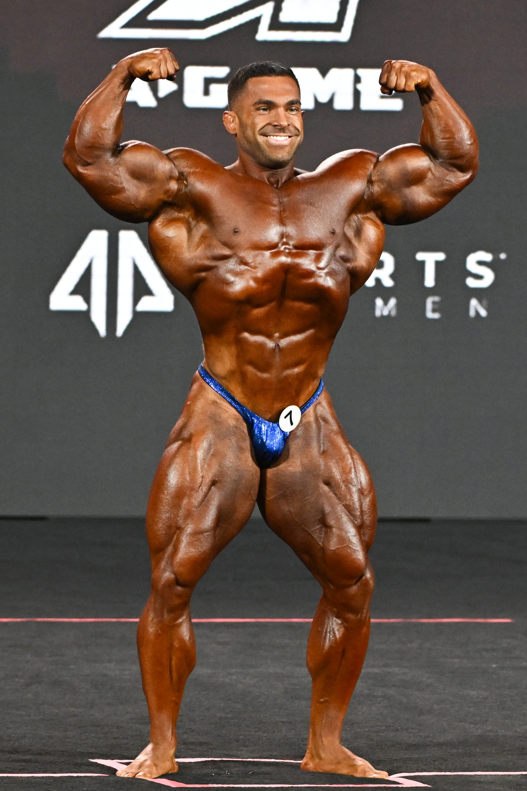 LAS VEGAS, NEVADA - DECEMBER 17, 2022: Derek Lunsford competes in the Mr. Olympia event during the Olympia Fitness & Performance weekend at Planet Hollywood Resort and Casino on December 17, 2022 in Las Vegas, Nevada. (Photo by Chris Bernacchi/Diamond Images via Getty Images)