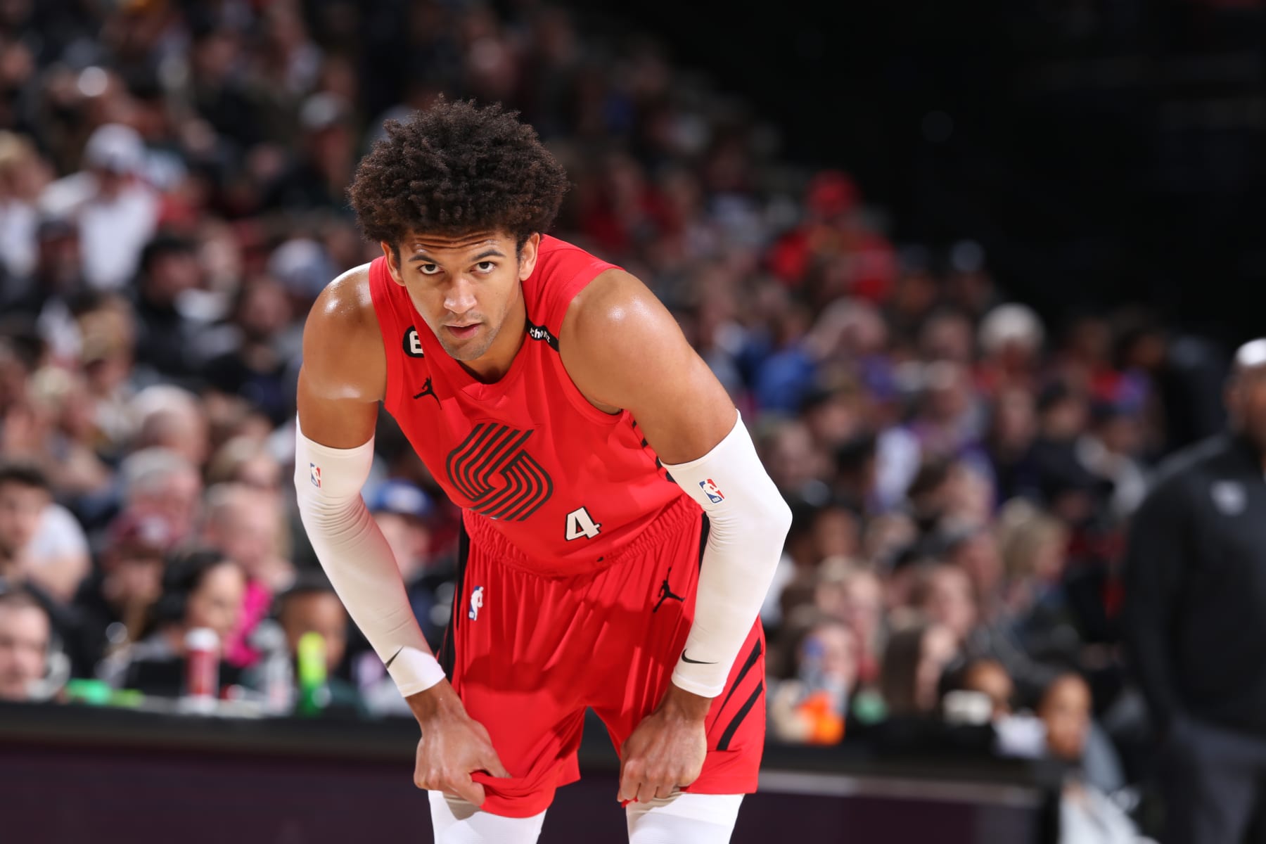 PORTLAND, OR - MARCH 29:  Matisse Thybulle #4 of the Portland Trail Blazers looks on during the game on March 29, 2023 at the Moda Center Arena in Portland, Oregon. NOTE TO USER: User expressly acknowledges and agrees that, by downloading and or using this photograph, user is consenting to the terms and conditions of the Getty Images License Agreement. Mandatory Copyright Notice: Copyright 2023 NBAE (Photo by Sam Forencich/NBAE via Getty Images)