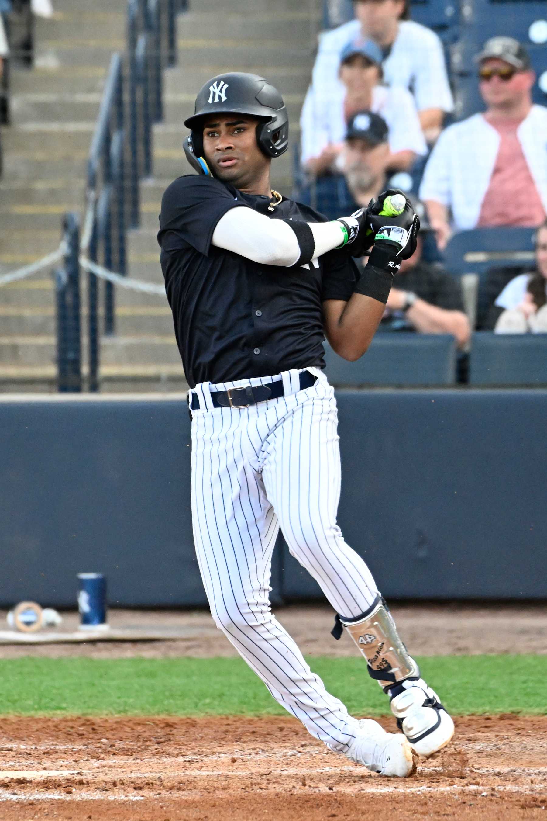 TAMPA, FLORIDA - MARCH 16, 2024: Roderick Arias #13 of the New York Yankees bats during the fourth inning of a spring training Spring Breakout game against the Toronto Blue Jays on March 16, 2024 at George M. Steinbrenner Field in Tampa, Florida. (Photo by Diamond Images via Getty Images)