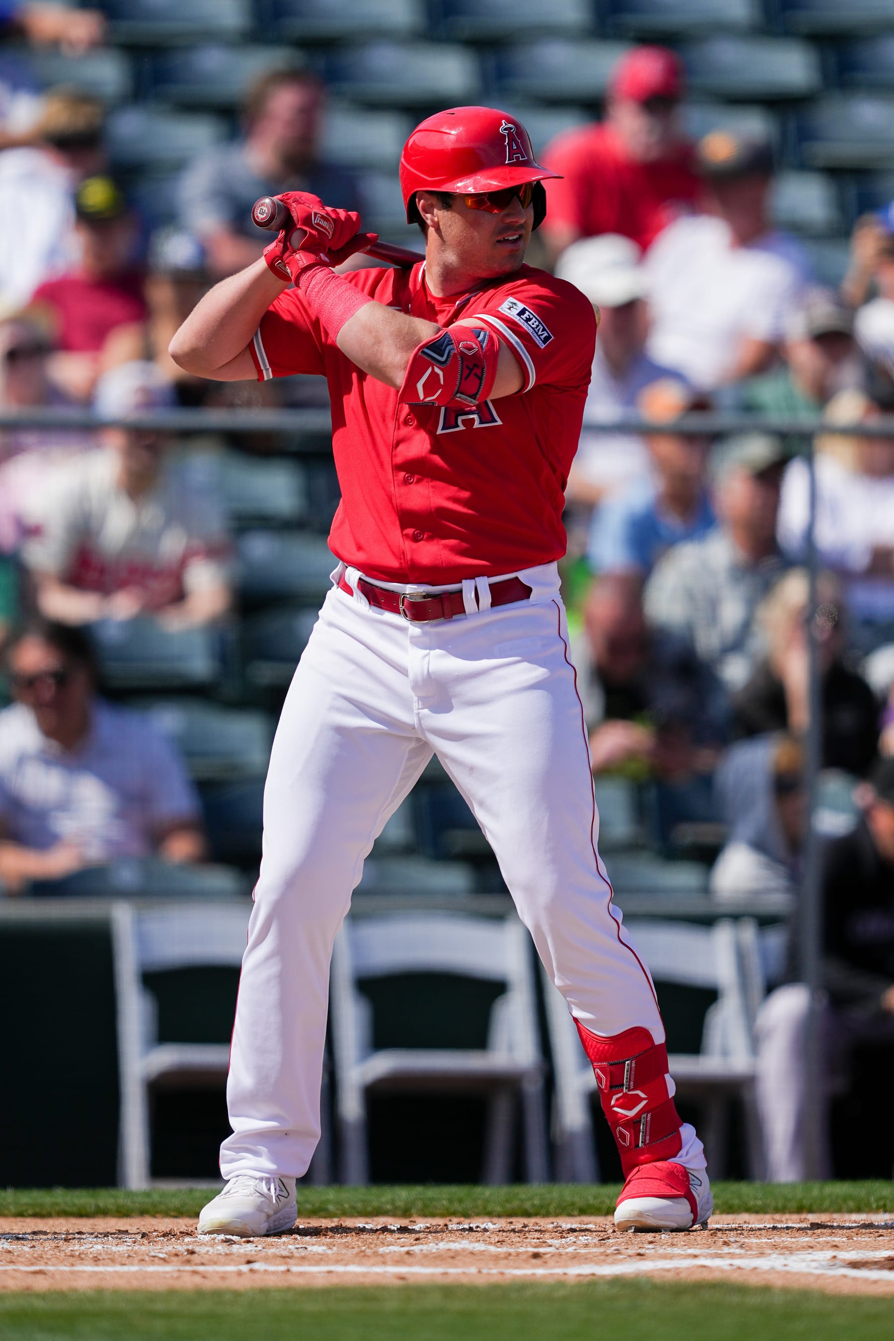 TEMPE, ARIZONA - MARCH 08: Hunter Renfroe #12 of the Los Angeles Angels bats in the second inning against the Colorado Rockies during a Spring Training game at Tempe Diablo Stadium on March 08, 2023 in Tempe, Arizona. (Photo by Dylan Buell/Getty Images)