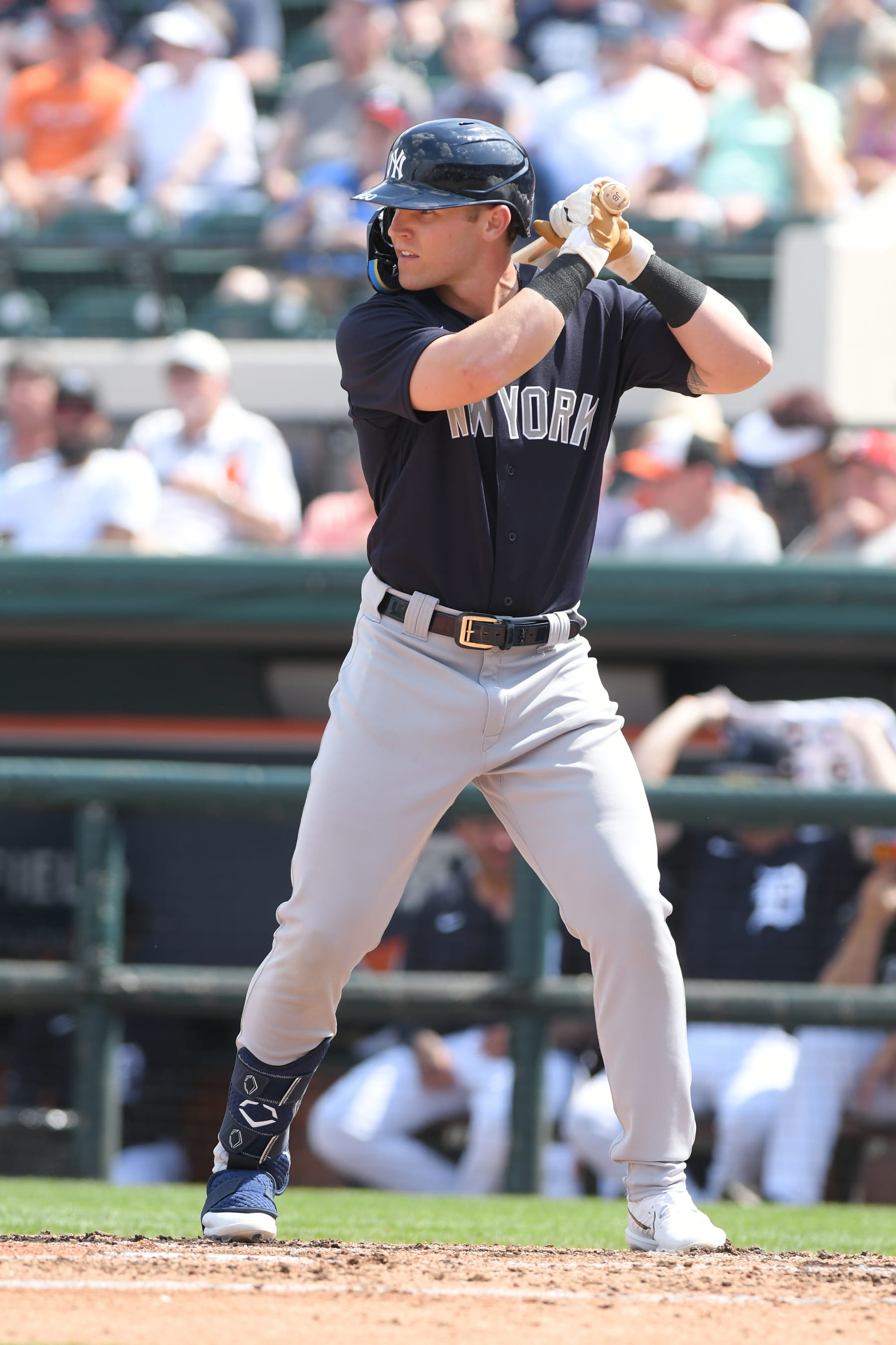 LAKELAND, FL - MARCH 10:  Jake Bauers #60 of the New York Yankees bats during the Spring Training game against the Detroit Tigers at Publix Field at Joker Marchant Stadium on March 10, 2023 in Lakeland, Florida. The Yankees defeated the Tigers 4-3.  (Photo by Mark Cunningham/MLB Photos via Getty Images)