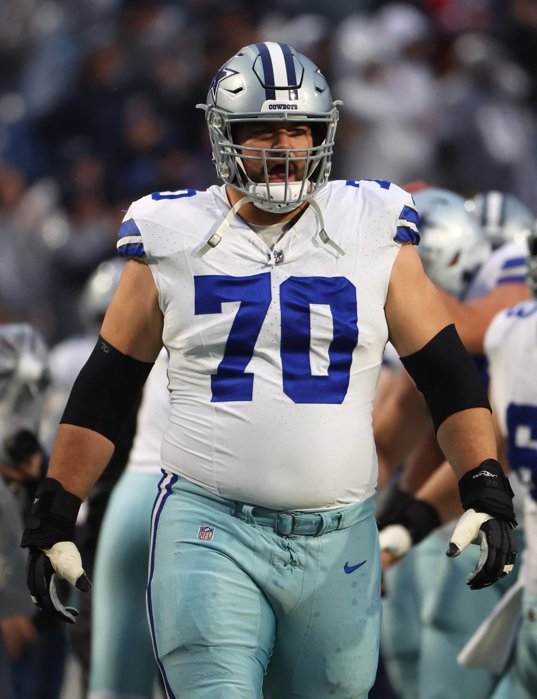 ORCHARD PARK, NEW YORK - DECEMBER 17: Zack Martin #70 of the Dallas Cowboys before a game against the Buffalo Bills at Highmark Stadium on December 17, 2023 in Orchard Park, New York. (Photo by Timothy T Ludwig/Getty Images)
