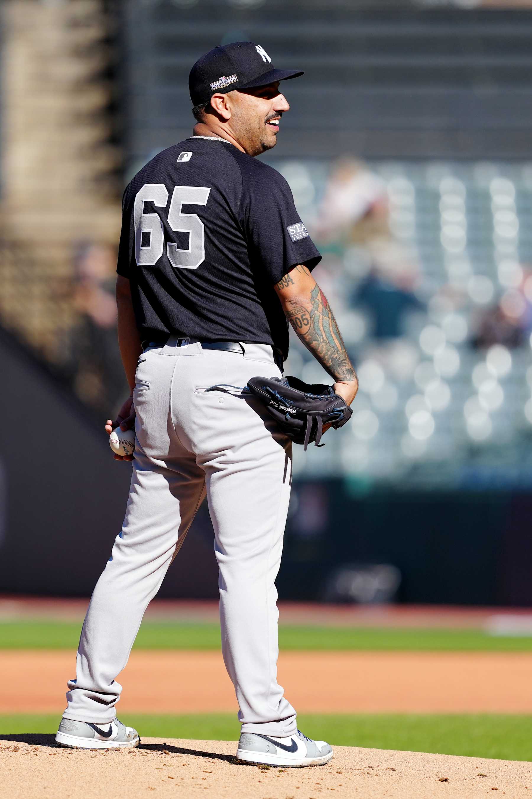 CLEVELAND, OH - OCTOBER 19:  Nestor Cortes #65 of the New York Yankees throws a simulated inning prior to Game 5 of the ALCS presented by loanDepot between the New York Yankees and the Cleveland Guardians at Progressive Field on Saturday, October 19, 2024 in Cleveland, Ohio. (Photo by Mary DeCicco/MLB Photos via Getty Images)