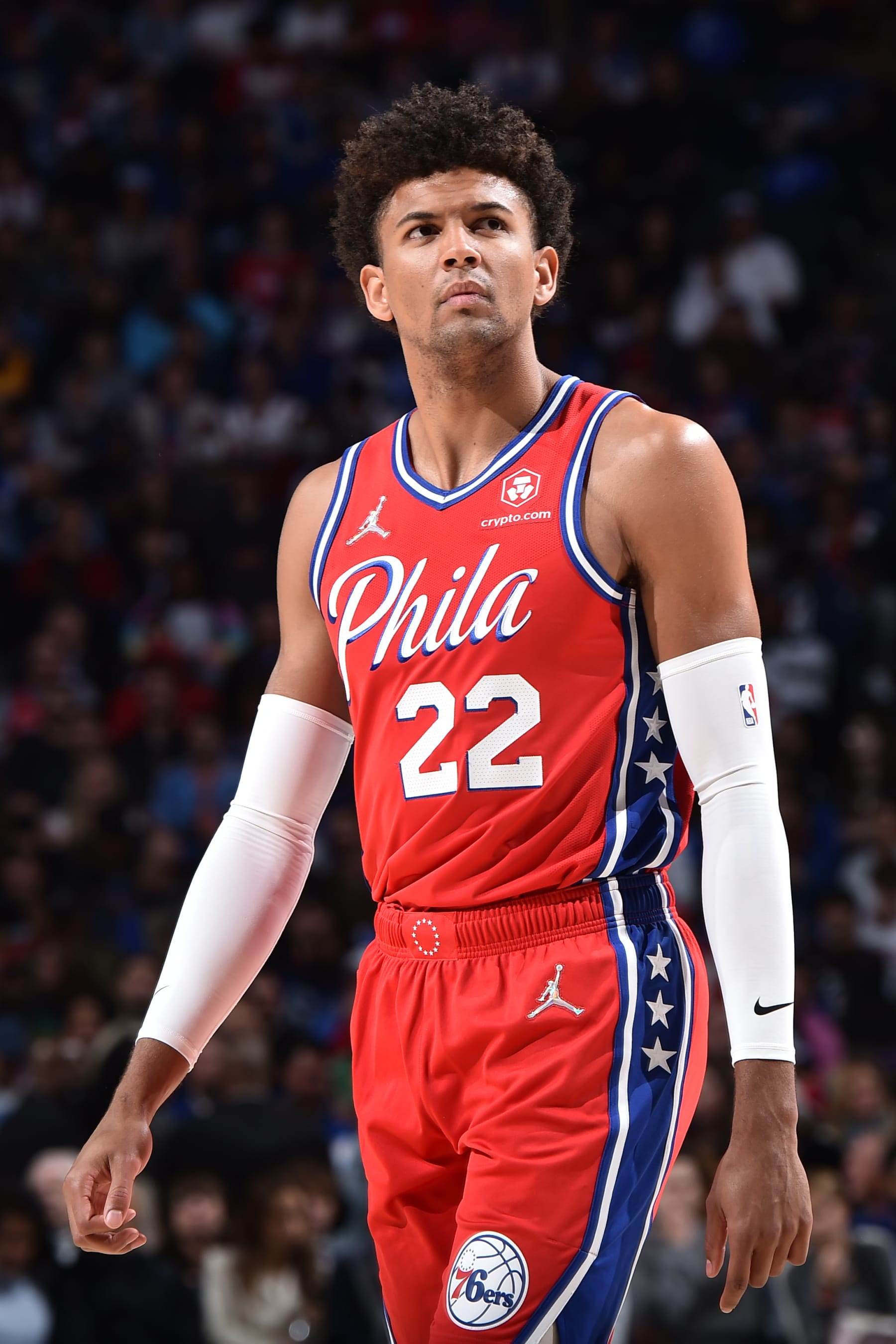 PHILADELPHIA, PA - MAY 8: Matisse Thybulle #22 of the Philadelphia 76ers looks on during Game 4 of the 2022 NBA Playoffs Eastern Conference Semifinals against the Miami Heat on May 8, 2022 at the Wells Fargo Center in Philadelphia, Pennsylvania NOTE TO USER: User expressly acknowledges and agrees that, by downloading and/or using this Photograph, user is consenting to the terms and conditions of the Getty Images License Agreement. Mandatory Copyright Notice: Copyright 2022 NBAE (Photo by David Dow/NBAE via Getty Images)
