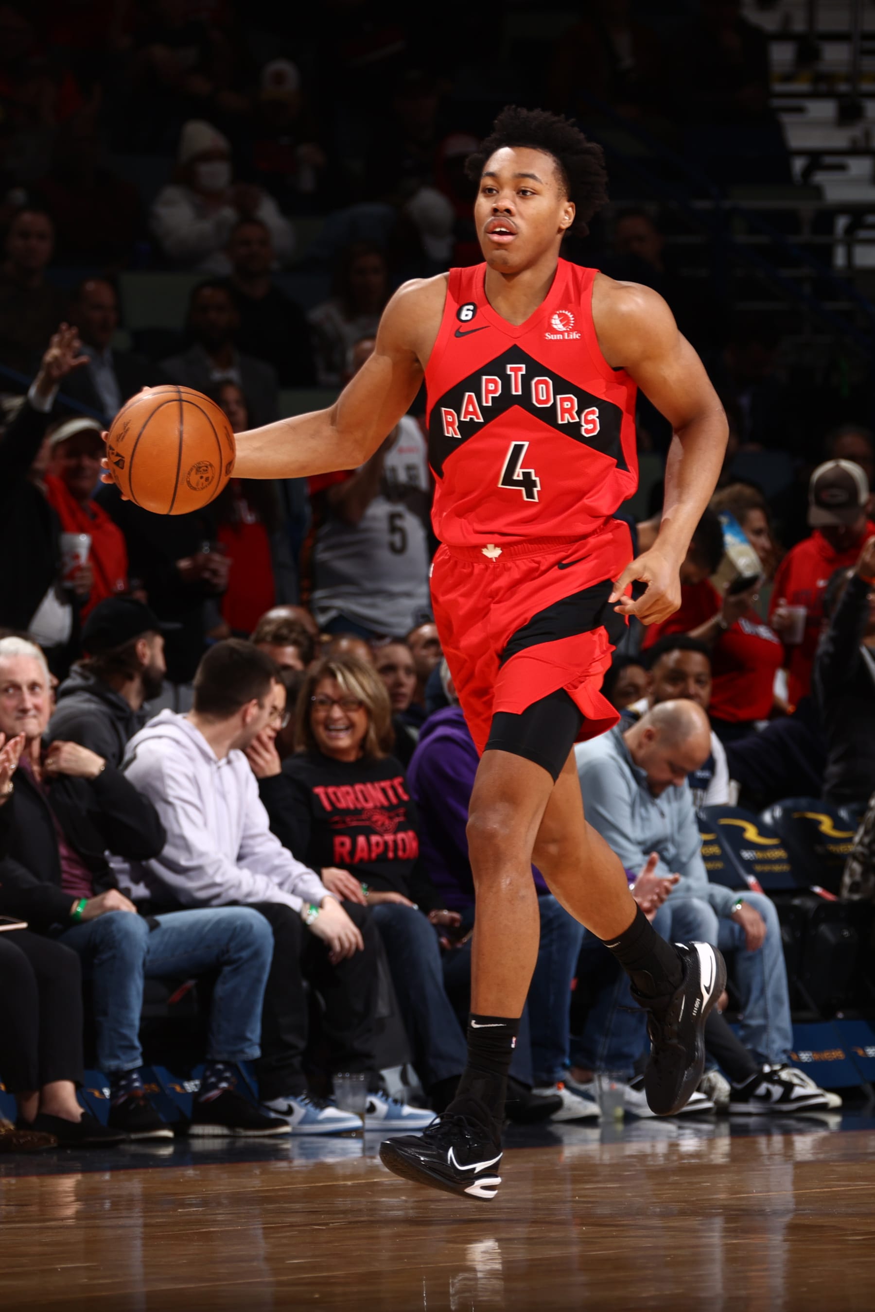 NEW ORLEANS, LA - NOVEMBER 30: Scottie Barnes #4 of the Toronto Raptors dribbles the ball during the game against the New Orleans Pelicans on November 30, 2022 at the Smoothie King Center in New Orleans, Louisiana. NOTE TO USER: User expressly acknowledges and agrees that, by downloading and or using this Photograph, user is consenting to the terms and conditions of the Getty Images License Agreement. Mandatory Copyright Notice: Copyright 2022 NBAE (Photo by Ned Dishman/NBAE via Getty Images)