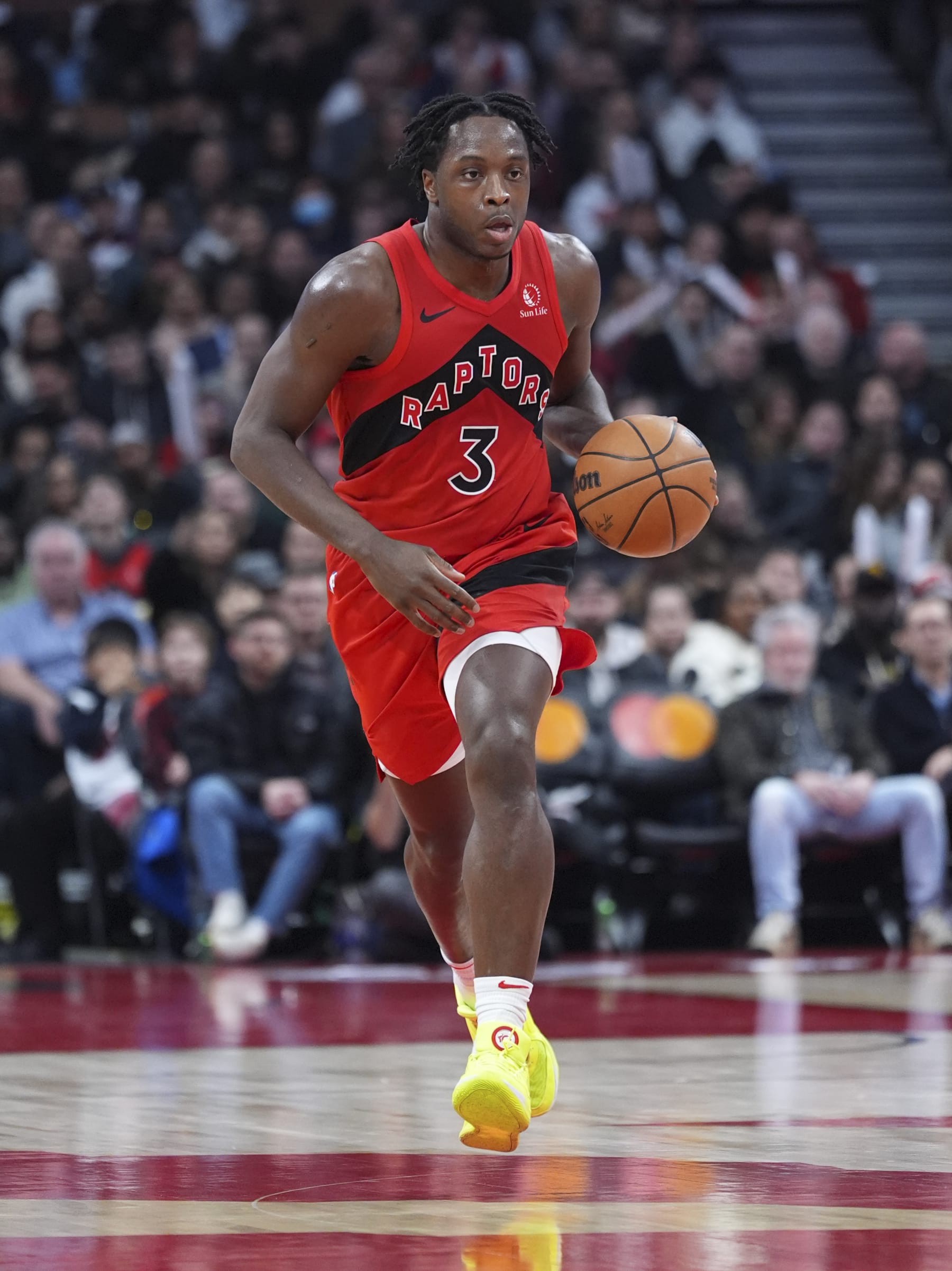 TORONTO, ON - DECEMBER 6: OG Anunoby #3 of the Toronto Raptors dribbles against the Miami Heat during the second half of their basketball game at the Scotiabank Arena on December 6, 2023 in Toronto, Ontario, Canada. NOTE TO USER: User expressly acknowledges and agrees that, by downloading and/or using this Photograph, user is consenting to the terms and conditions of the Getty Images License Agreement. (Photo by Mark Blinch/Getty Images)
