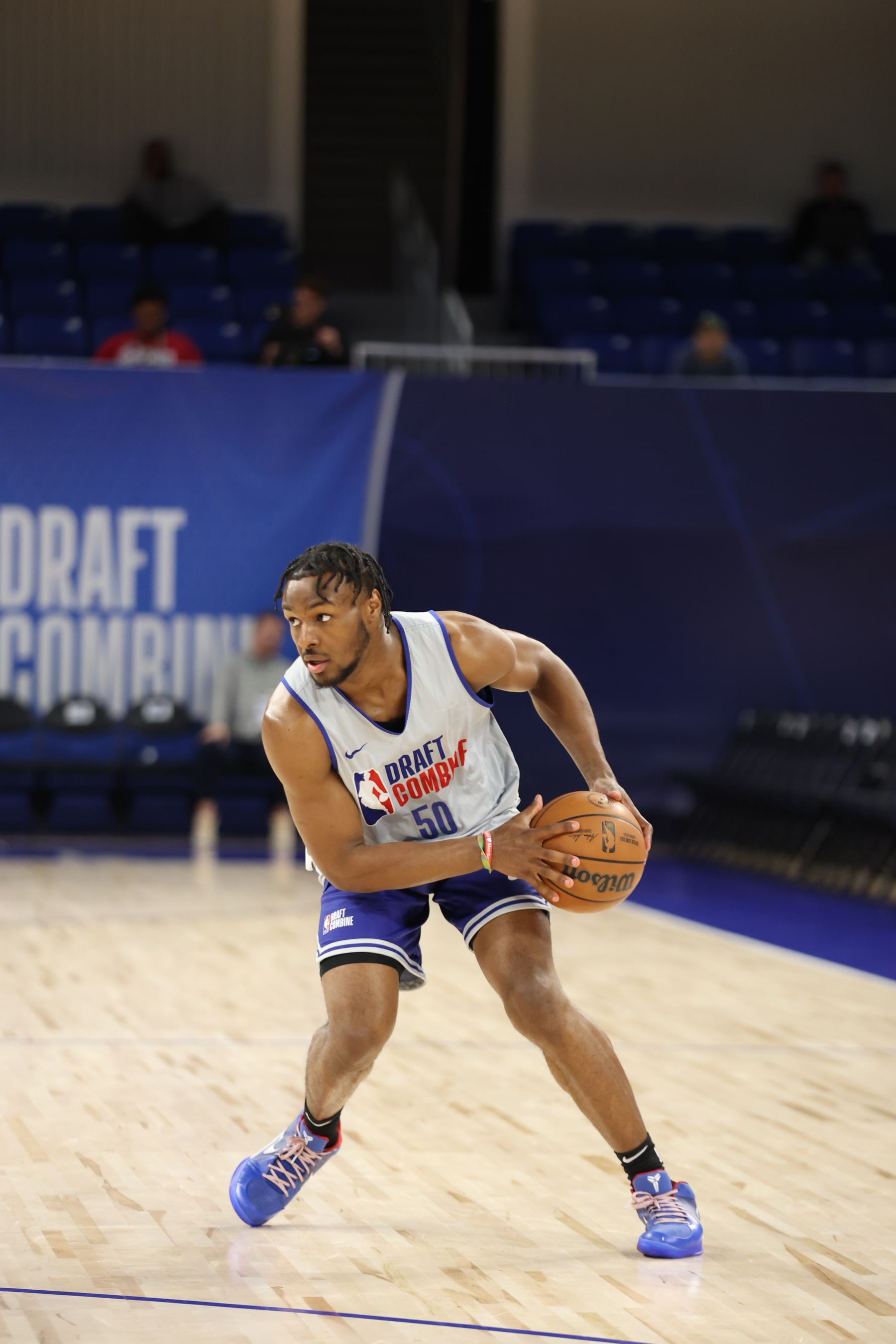 CHICAGO, IL - MAY 15: Bronny James handles the ball during the 2024 NBA Combine on May 15, 2024 at Wintrust Arena in Chicago, Illinois. NOTE TO USER: User expressly acknowledges and agrees that, by downloading and or using this photograph, User is consenting to the terms and conditions of the Getty Images License Agreement. Mandatory Copyright Notice: Copyright 2024 NBAE (Photo by Jeff Haynes/NBAE via Getty Images)