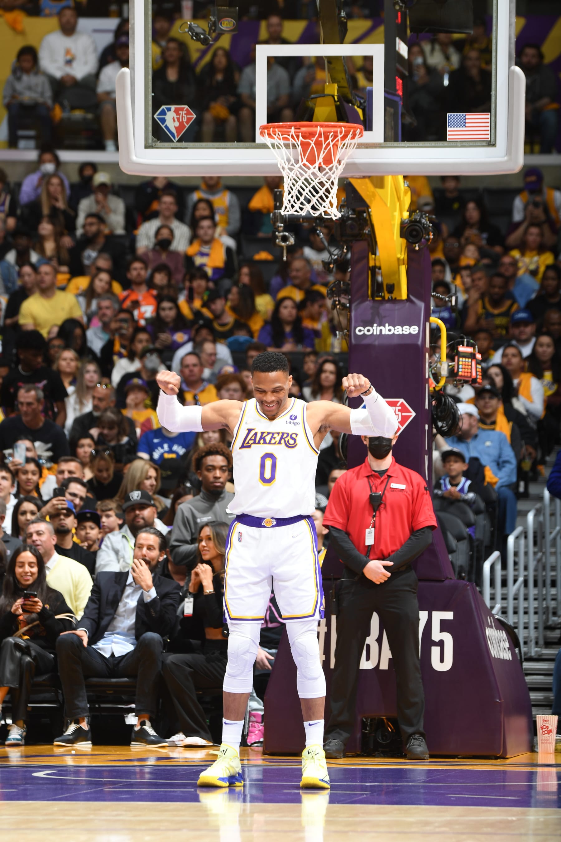 LOS ANGELES, CA - APRIL 3: Russell Westbrook #0 of the Los Angeles Lakers smiles before the game against the Denver Nuggets on April 3, 2022 at Crypto.Com Arena in Los Angeles, California. NOTE TO USER: User expressly acknowledges and agrees that, by downloading and/or using this Photograph, user is consenting to the terms and conditions of the Getty Images License Agreement. Mandatory Copyright Notice: Copyright 2022 NBAE (Photo by Andrew D. Bernstein/NBAE via Getty Images)