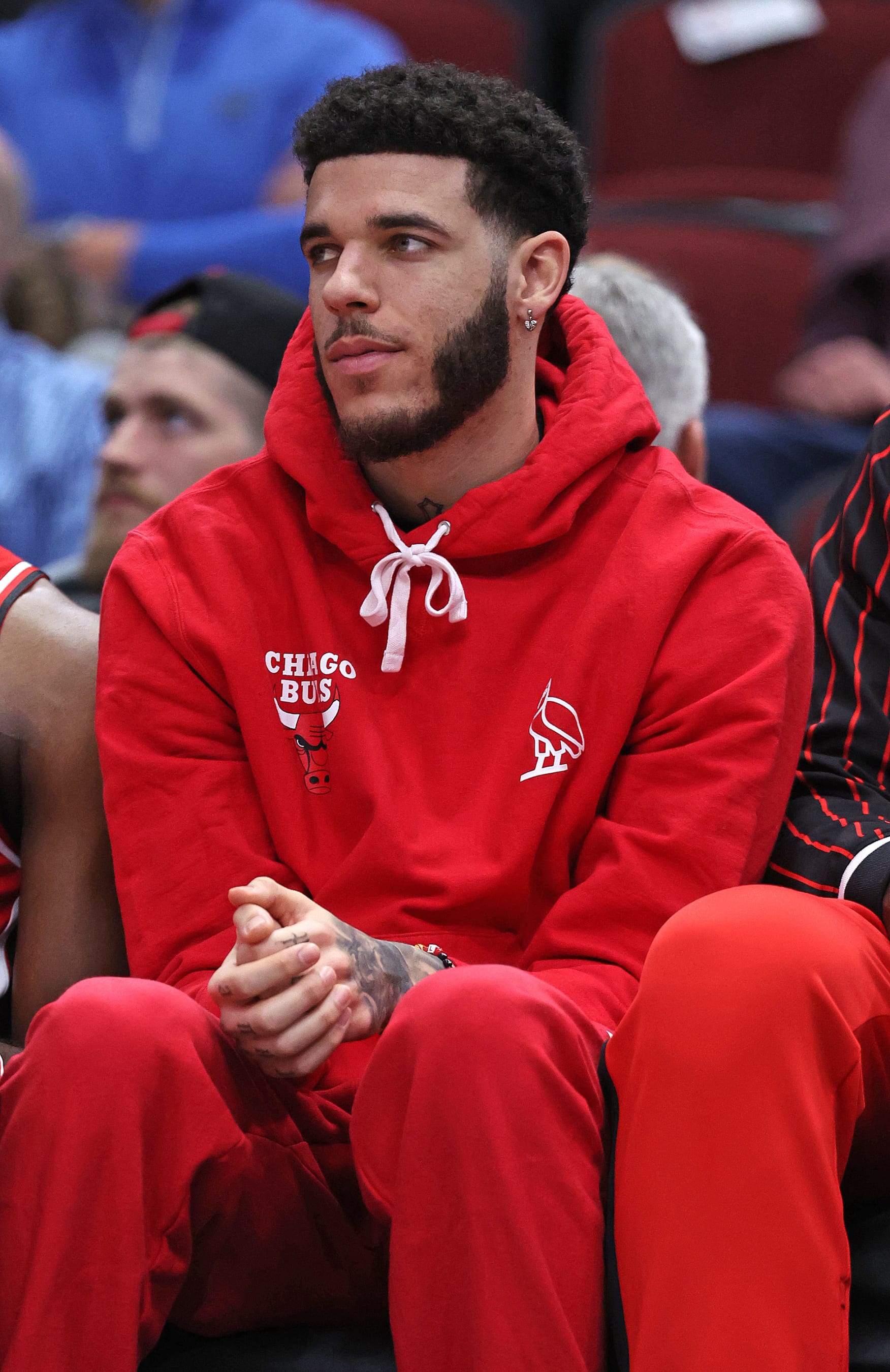 CHICAGO, ILLINOIS - APRIL 05: Lonzo Ball #2 of the Chicago Bulls sits on the bench during a game against the Milwaukee Bucks at the United Center on April 05, 2022 in Chicago, Illinois. The Bucks defeated the Bulls 127-106. NOTE TO USER: User expressly acknowledges and agrees that, by downloading and or using this photograph, User is consenting to the terms and conditions of the Getty Images License Agreement. (Photo by Jonathan Daniel/Getty Images)