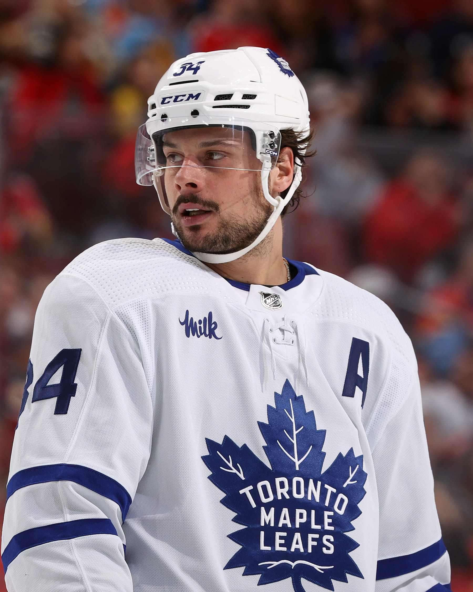 SUNRISE, FL - APRIL 16: Auston Matthews #34 of the Toronto Maple Leafs looks on prior to a face-off against the Florida Panthers at the Amerant Bank Arena on April 16, 2024 in Sunrise, Florida. (Photo by Joel Auerbach/Getty Images)