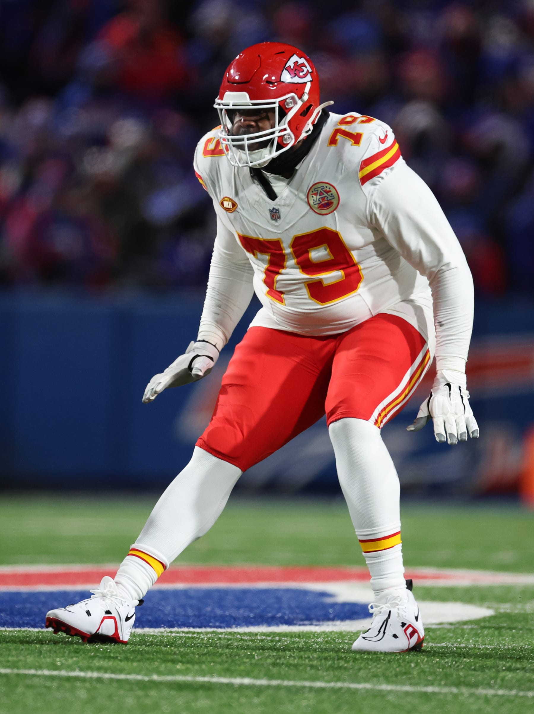 ORCHARD PARK, NEW YORK - JANUARY 21:  Donovan Smith #79 of the Kansas City Chiefs in action against the Buffalo Bills during their AFC Divisional Playoff game at Highmark Stadium on January 21, 2024 in Orchard Park, New York.  (Photo by Al Bello/Getty Images)