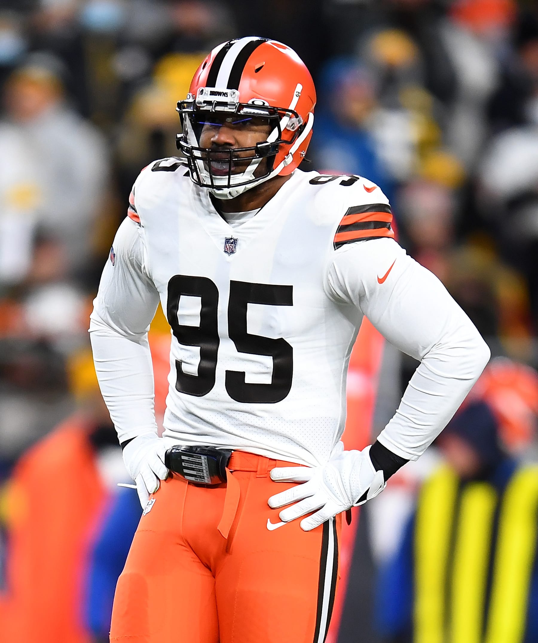 PITTSBURGH, PA - JANUARY 03:  Myles Garrett #95 of the Cleveland Browns in action during the game against the Pittsburgh Steelers at Heinz Field on January 3, 2022 in Pittsburgh, Pennsylvania. (Photo by Joe Sargent/Getty Images)