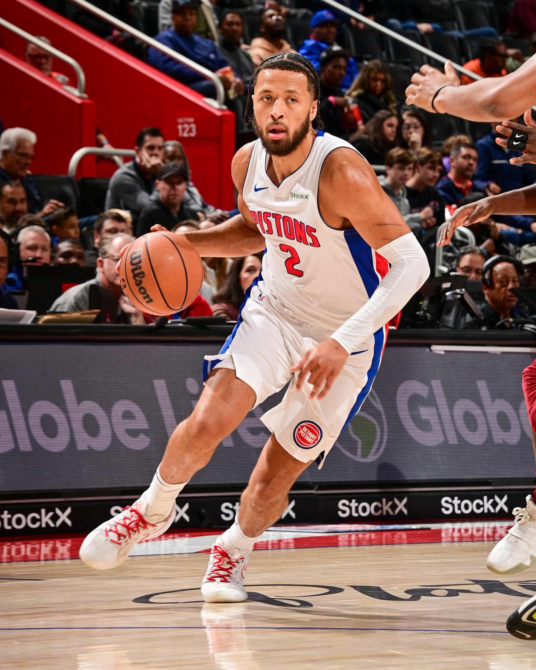 DETROIT, MI - OCTOBER 16: Cade Cunningham #2 of the Detroit Pistons drives to the basket during the game on October 16, 2024 at Little Caesars Arena in Detroit, Michigan. NOTE TO USER: User expressly acknowledges and agrees that, by downloading and/or using this photograph, User is consenting to the terms and conditions of the Getty Images License Agreement. Mandatory Copyright Notice: Copyright 2024 NBAE (Photo by Chris Schwegler/NBAE via Getty Images)