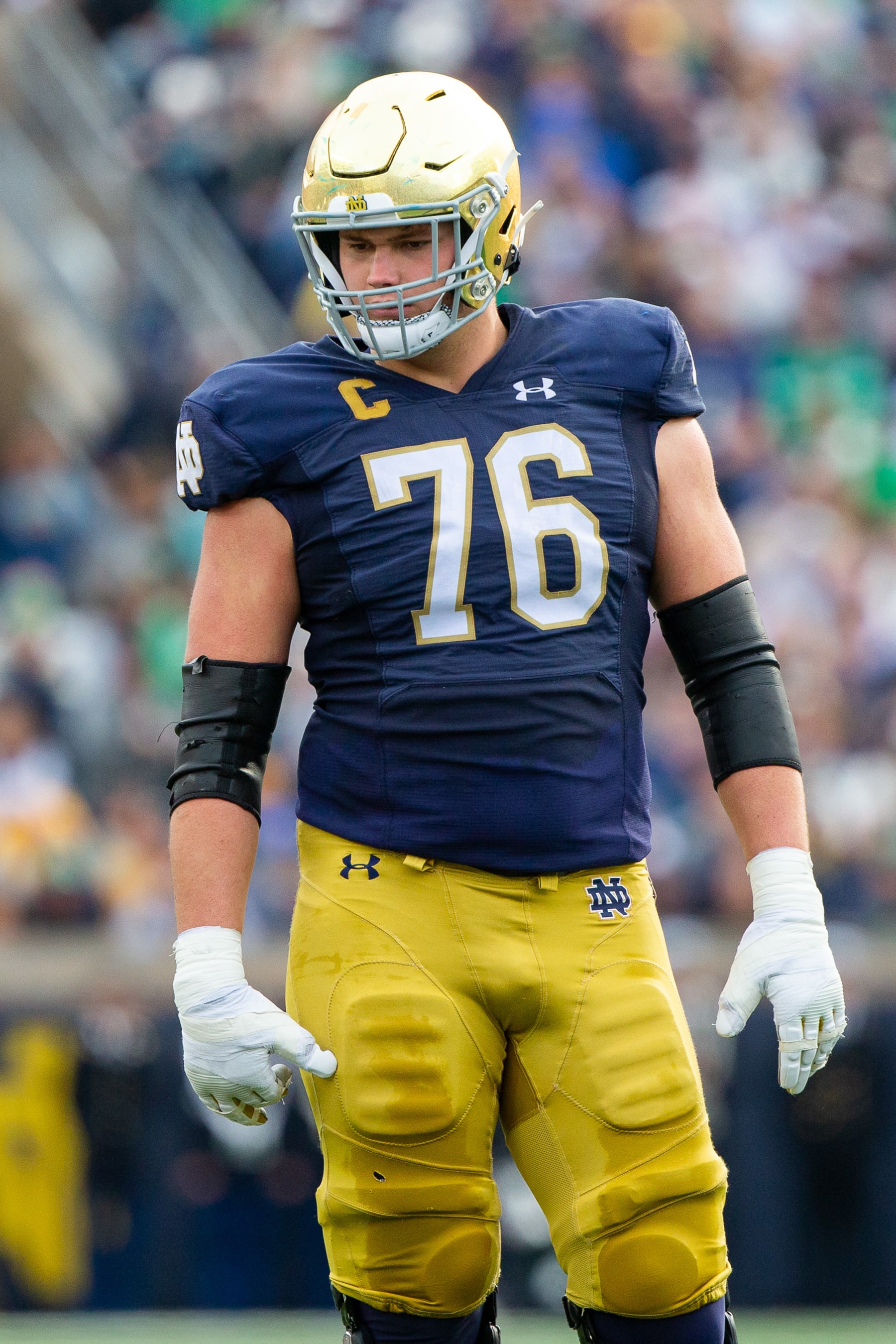 SOUTH BEND, IN - OCTOBER 28: Joe Alt #76 of Notre Dame during a game between University of Pittsburgh and University of Notre Dame at Notre Dame Stadium on October 28, 2023 in South Bend, Indiana. (Photo by Michael Miller/ISI Photos/Getty Images)