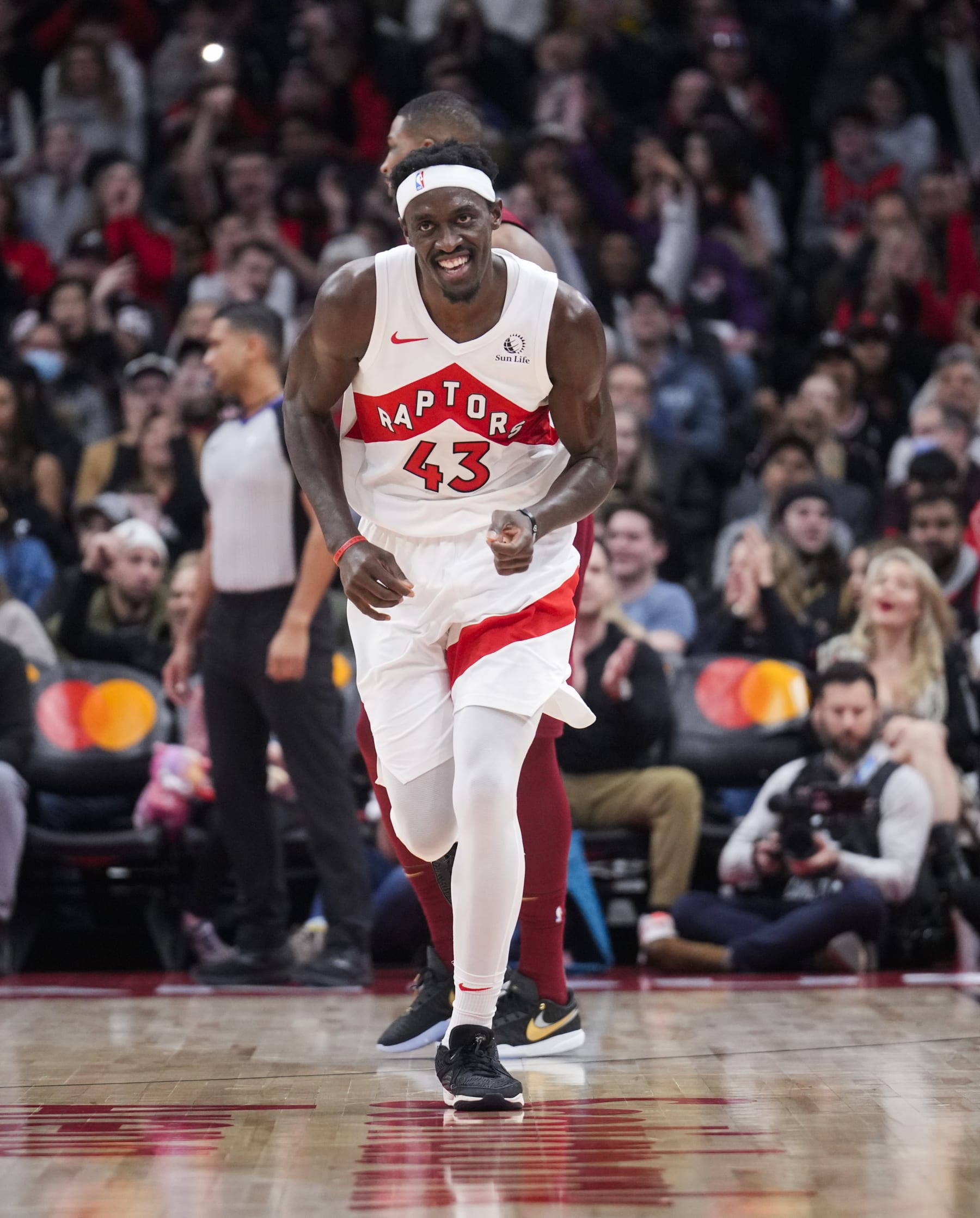TORONTO, ON - JANUARY 1: Pascal Siakam #43 of the Toronto Raptors celebrates a shot against the Cleveland Cavaliers during the first half of their basketball game at the Scotiabank Arena on January 1, 2024 in Toronto, Ontario, Canada. NOTE TO USER: User expressly acknowledges and agrees that, by downloading and/or using this Photograph, user is consenting to the terms and conditions of the Getty Images License Agreement. (Photo by Mark Blinch/Getty Images)