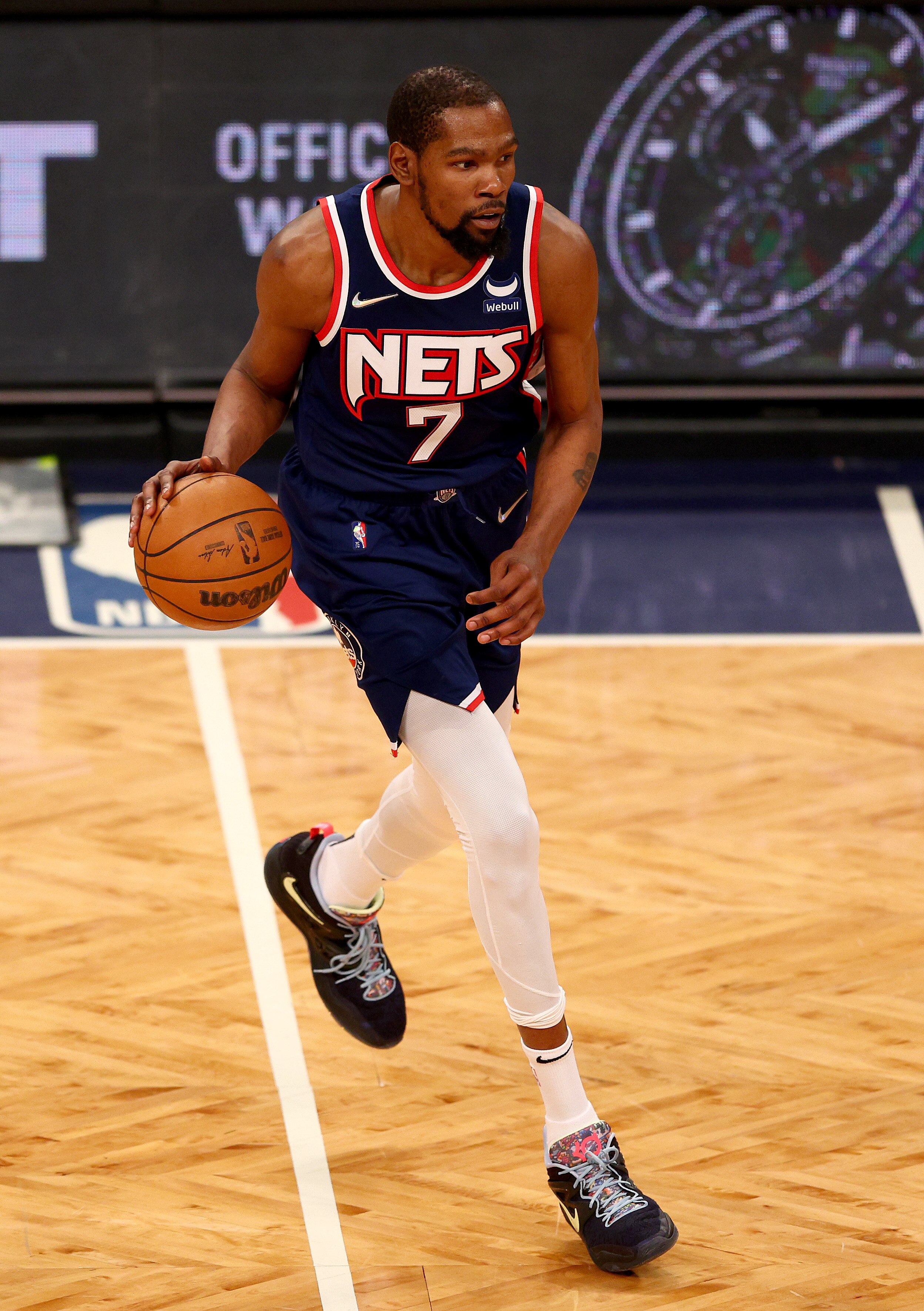 NEW YORK, NEW YORK - APRIL 25: Kevin Durant #7 of the Brooklyn Nets heads down court during Game Four of the Eastern Conference First Round Playoffs against the Boston Celtics at Barclays Center on April 25, 2022 in the Brooklyn borough of New York City. NOTE TO USER: User expressly acknowledges and agrees that, by downloading and or using this photograph, User is consenting to the terms and conditions of the Getty Images License Agreement. (Photo by Elsa/Getty Images)
