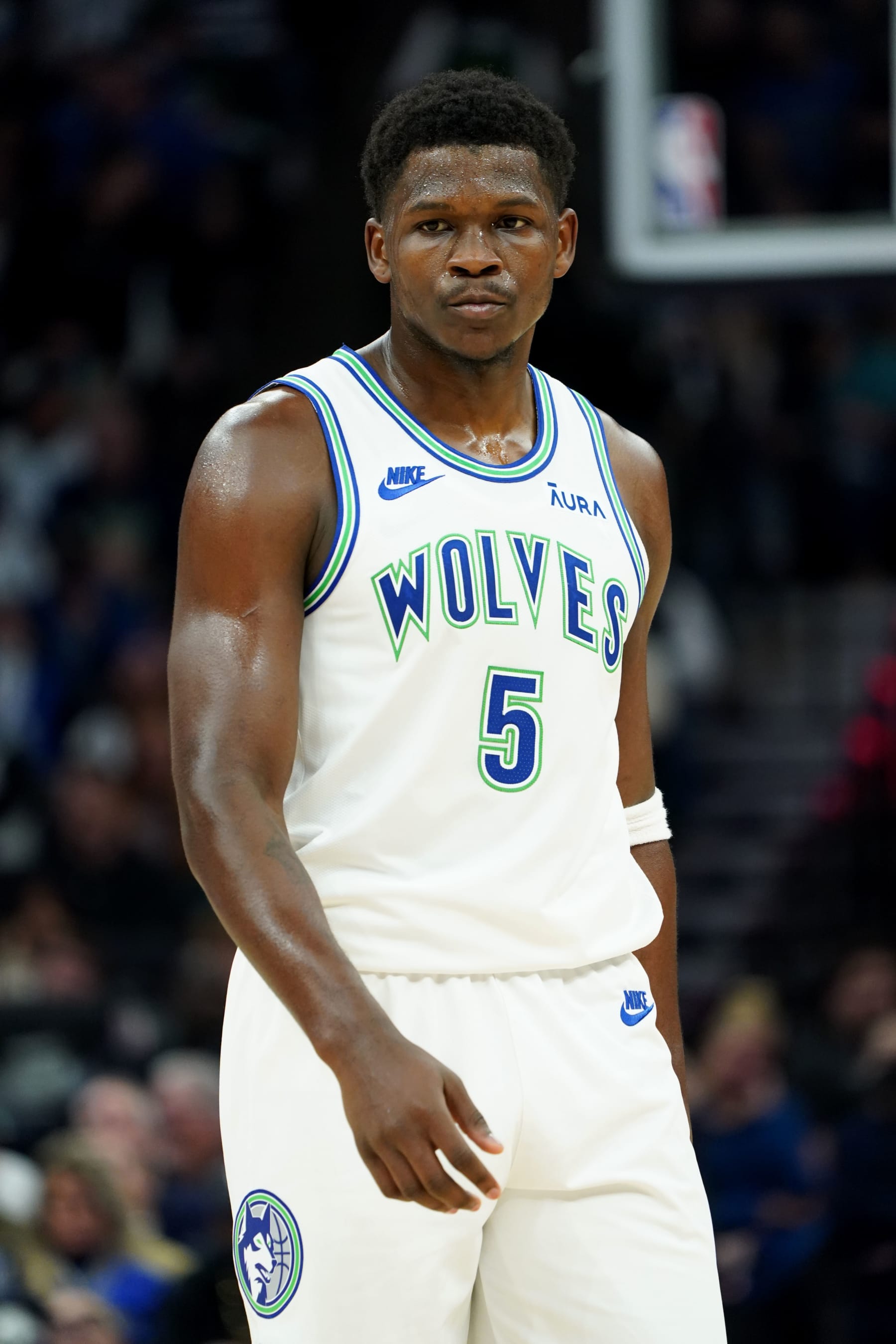 MINNEAPOLIS, MN -  NOVEMBER 8: Anthony Edwards #5 of the Minnesota Timberwolves looks on during the game against the New Orleans Pelicans on November 8, 2023 at Target Center in Minneapolis, Minnesota. NOTE TO USER: User expressly acknowledges and agrees that, by downloading and or using this Photograph, user is consenting to the terms and conditions of the Getty Images License Agreement. Mandatory Copyright Notice: Copyright 2023 NBAE (Photo by Jordan Johnson/NBAE via Getty Images)
