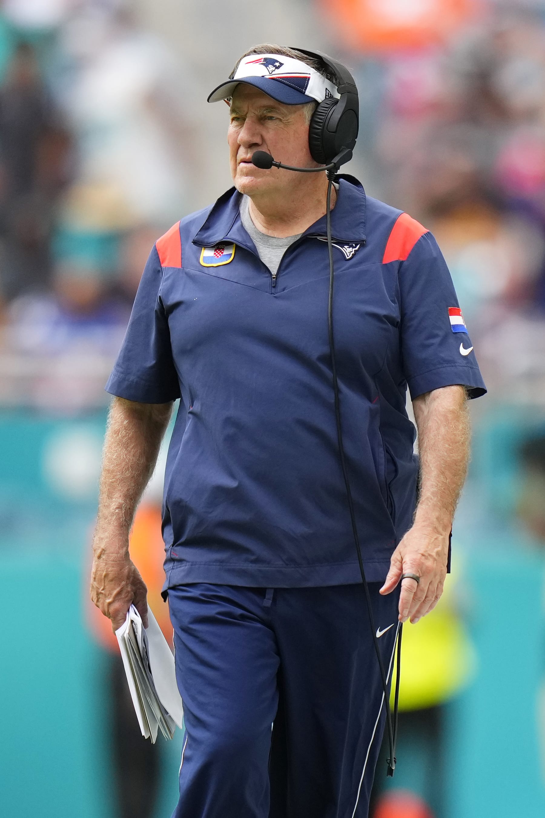 MIAMI GARDENS, FLORIDA - OCTOBER 29: Head coach Bill Belichick of the New England Patriots looks on during the third quarter against the Miami Dolphins at Hard Rock Stadium on October 29, 2023 in Miami Gardens, Florida. (Photo by Rich Storry/Getty Images)