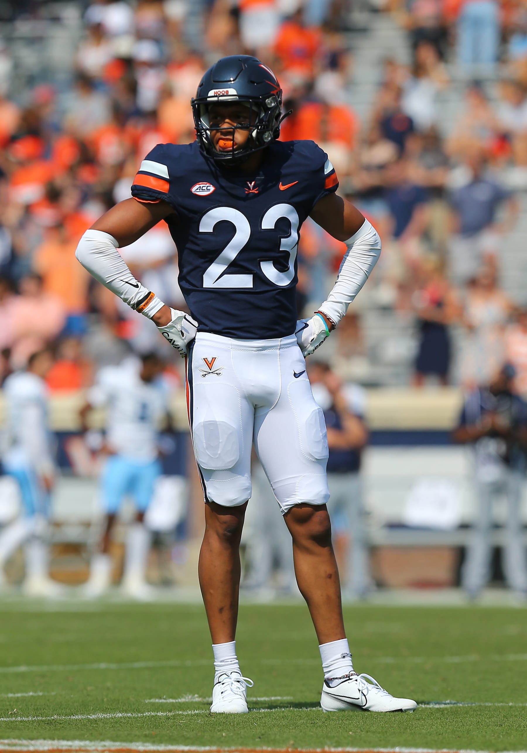 CHARLOTTESVILLE, VA - SEPTEMBER 17: Virginia Cavaliers defensive back Fentrell Cypress II (23) peeks into the backfield during a college football game between the Old Dominion Monarchs and the Virginia Cavaliers on September 17, 2022, at Scott Stadium in Charlottesville, VA. (Photo by Lee Coleman/Icon Sportswire via Getty Images)