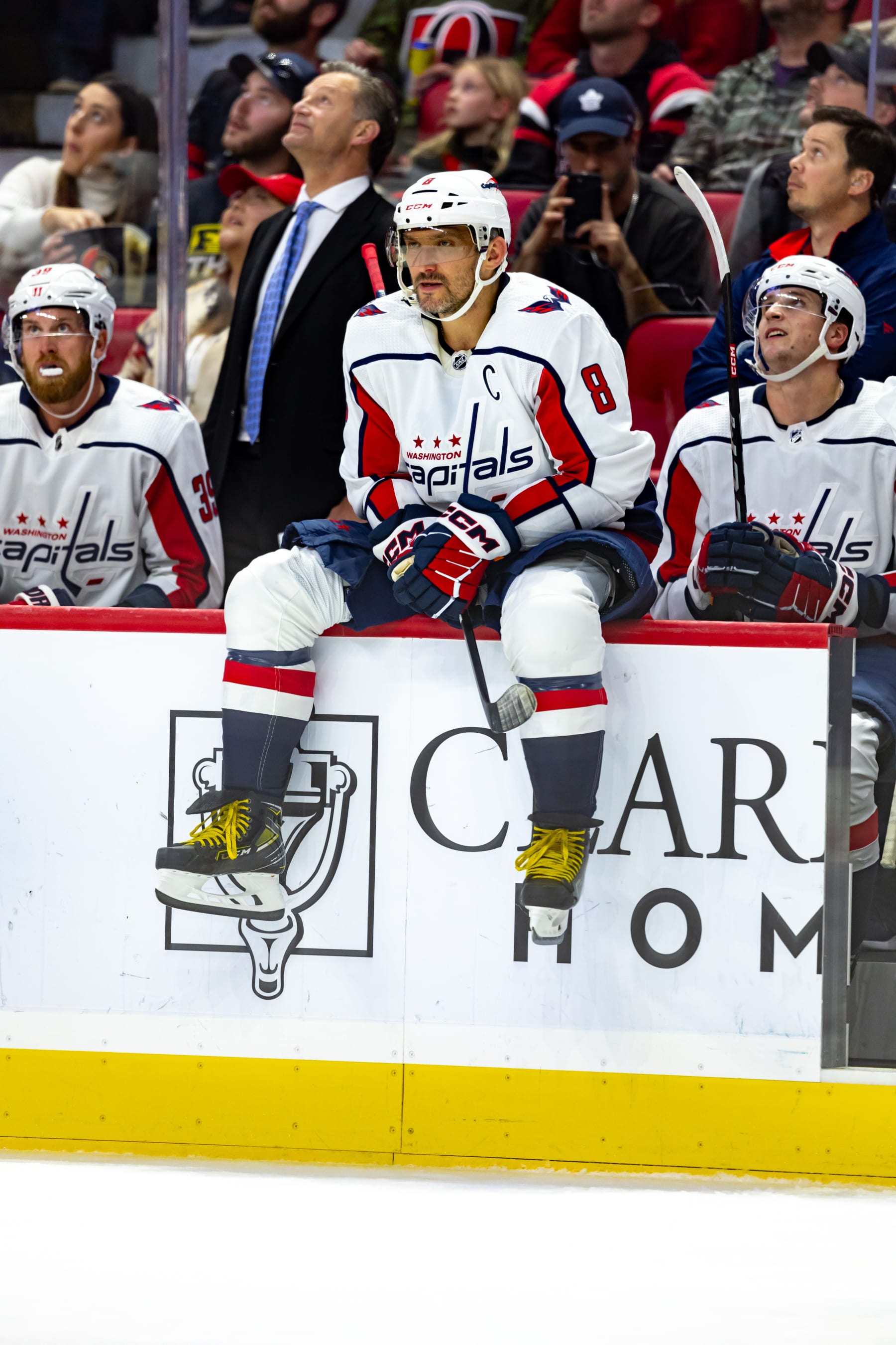 OTTAWA, ON - OCTOBER 18: Washington Capitals Left Wing Alex Ovechkin (8) sits on the boards after a whistle during second period National Hockey League action between the Washington Capitals and Ottawa Senators on October 18, 2023, at Canadian Tire Centre in Ottawa, ON, Canada. (Photo by Richard A. Whittaker/Icon Sportswire via Getty Images)