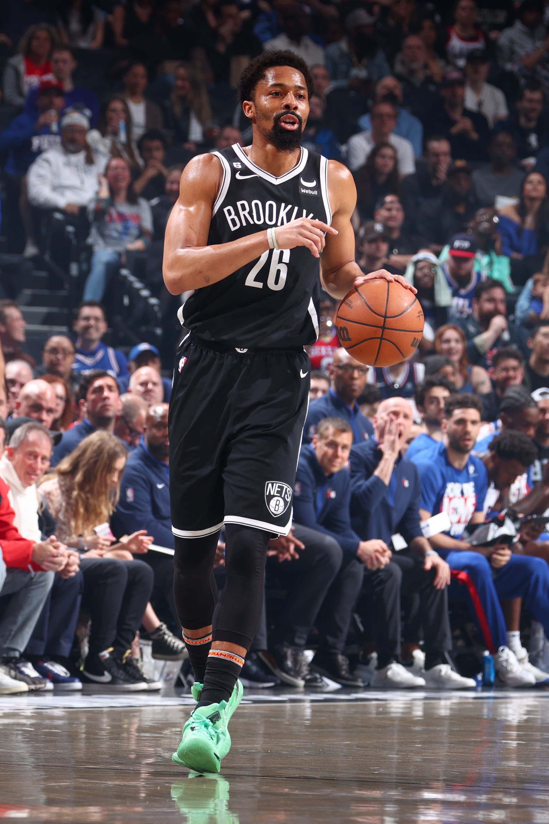 BROOKLYN, NY - APRIL 22: Spencer Dinwiddie #26 of the Brooklyn Nets dribbles the ball during the game against the Philadelphia 76ers during Round 1 Game 4 of the 2023 NBA Playoffs on April 22, 2023 at Barclays Center in Brooklyn, New York. NOTE TO USER: User expressly acknowledges and agrees that, by downloading and or using this Photograph, user is consenting to the terms and conditions of the Getty Images License Agreement. Mandatory Copyright Notice: Copyright 2023 NBAE (Photo by Nathaniel S. Butler/NBAE via Getty Images)