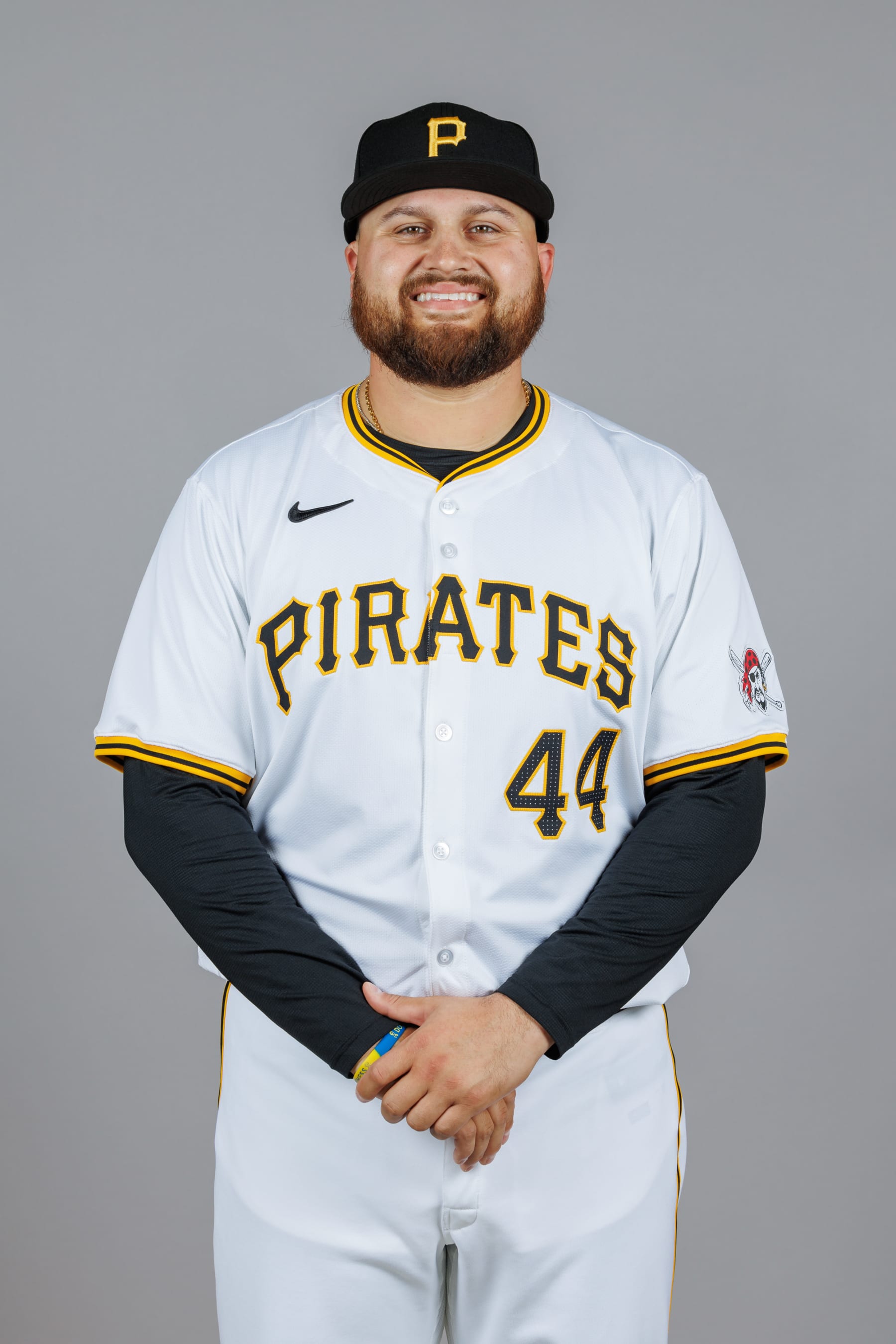 BRADENTON, FL - FEBRUARY 20: Rowdy Tellez #44 of the Pittsburgh Pirates poses for a photo during the Pittsburgh Pirates Photo Day at LECOM Park on Tuesday, February 20, 2024 in Bradenton, Florida. (Photo by Mike Carlson/MLB Photos via Getty Images)