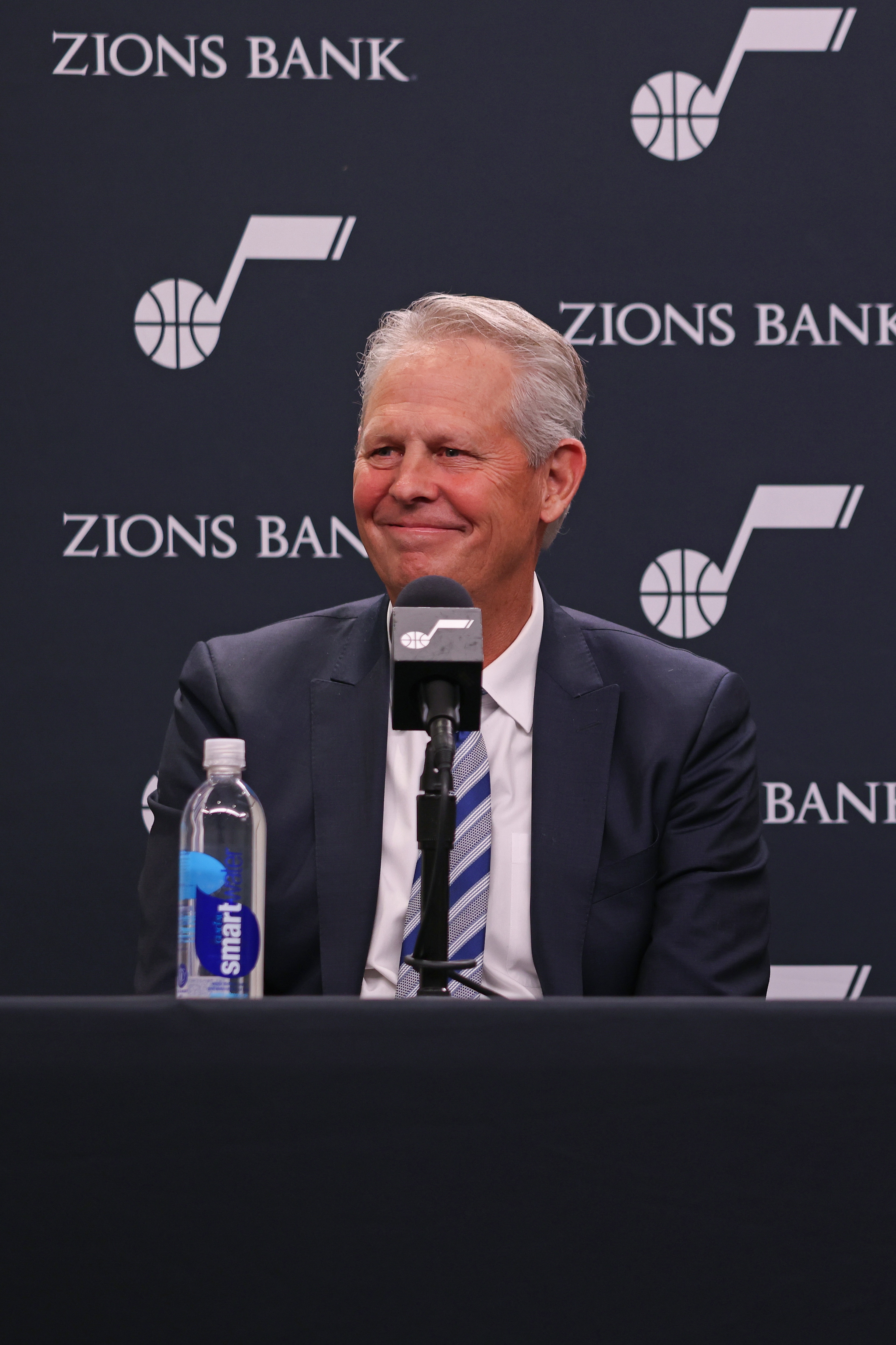 SALT LAKE CITY, UT - DECEMBER 15: Danny Ainge of the Utah Jazz speaks to the media during a press conference on December 15, 2021 at vivint.SmartHome Arena in Salt Lake City, Utah. NOTE TO USER: User expressly acknowledges and agrees that, by downloading and or using this Photograph, User is consenting to the terms and conditions of the Getty Images License Agreement. Mandatory Copyright Notice: Copyright 2021 NBAE (Photo by Melissa Majchrzak/NBAE via Getty Images)
