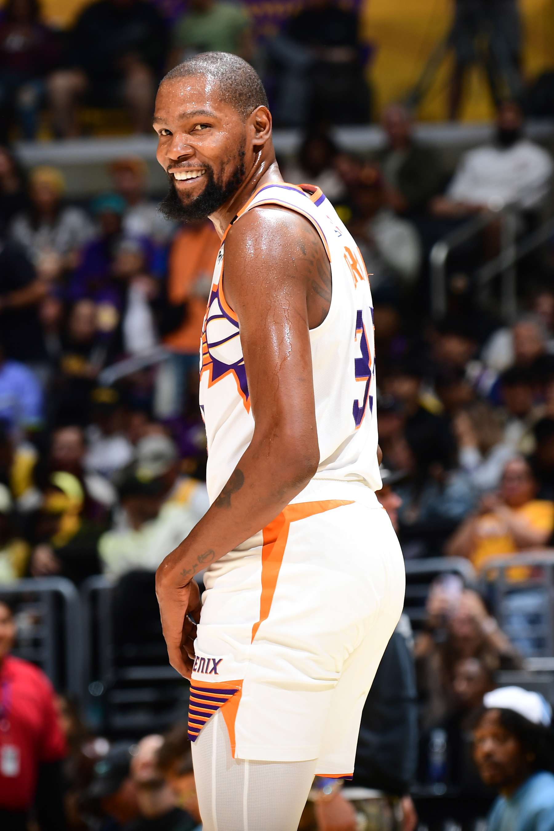 LOS ANGELES, CA - OCTOBER 25: Kevin Durant #35 of the Phoenix Suns smiles during the game against the Los Angeles Lakers on October 25, 2024 at Crypto.Com Arena in Los Angeles, California. NOTE TO USER: User expressly acknowledges and agrees that, by downloading and/or using this Photograph, user is consenting to the terms and conditions of the Getty Images License Agreement. Mandatory Copyright Notice: Copyright 2024 NBAE (Photo by Adam Pantozzi/NBAE via Getty Images)