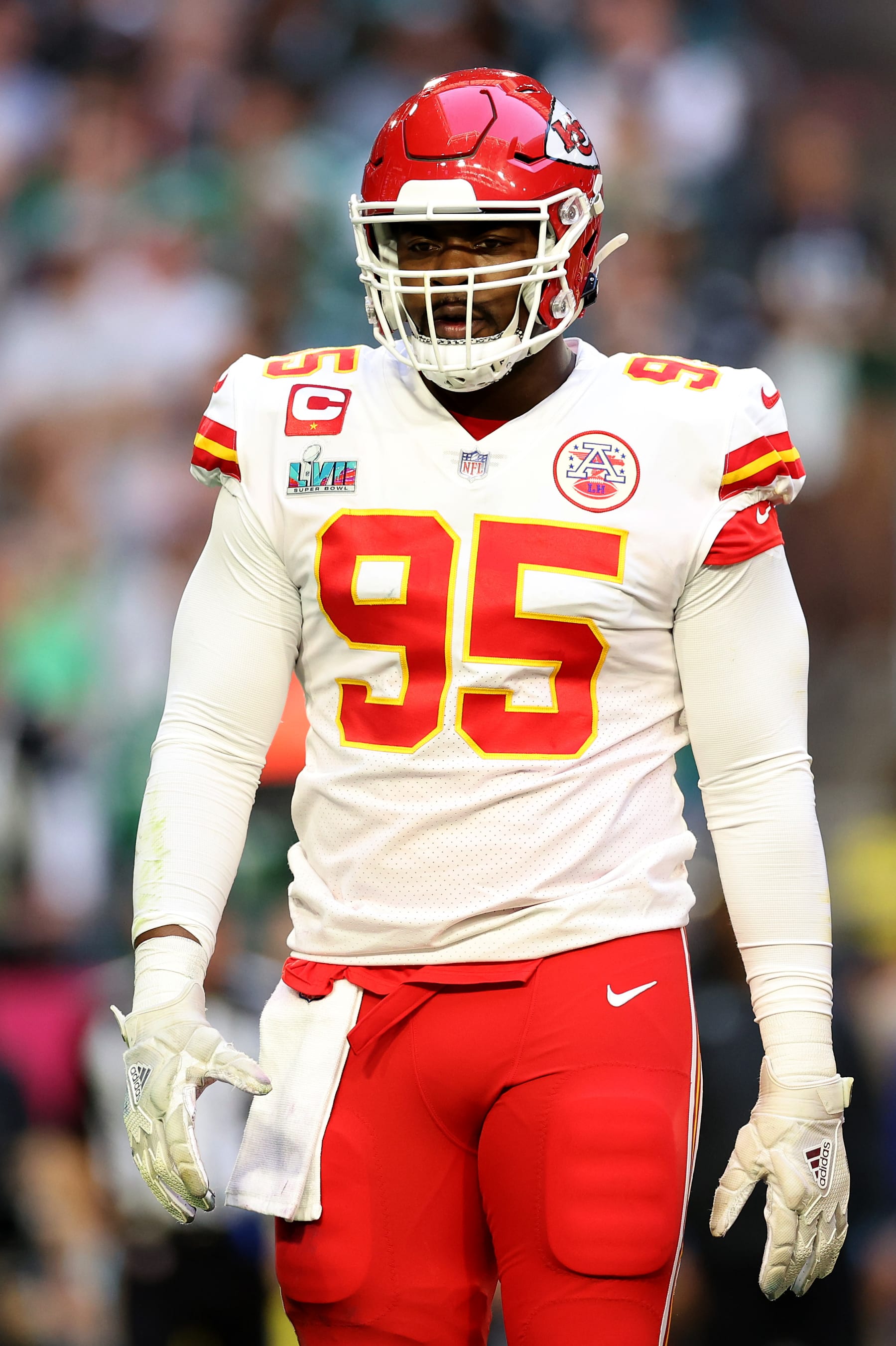 GLENDALE, ARIZONA - FEBRUARY 12: Chris Jones #95 of the Kansas City Chiefs reacts against the Philadelphia Eagles during the first quarter in Super Bowl LVII at State Farm Stadium on February 12, 2023 in Glendale, Arizona. (Photo by Christian Petersen/Getty Images)