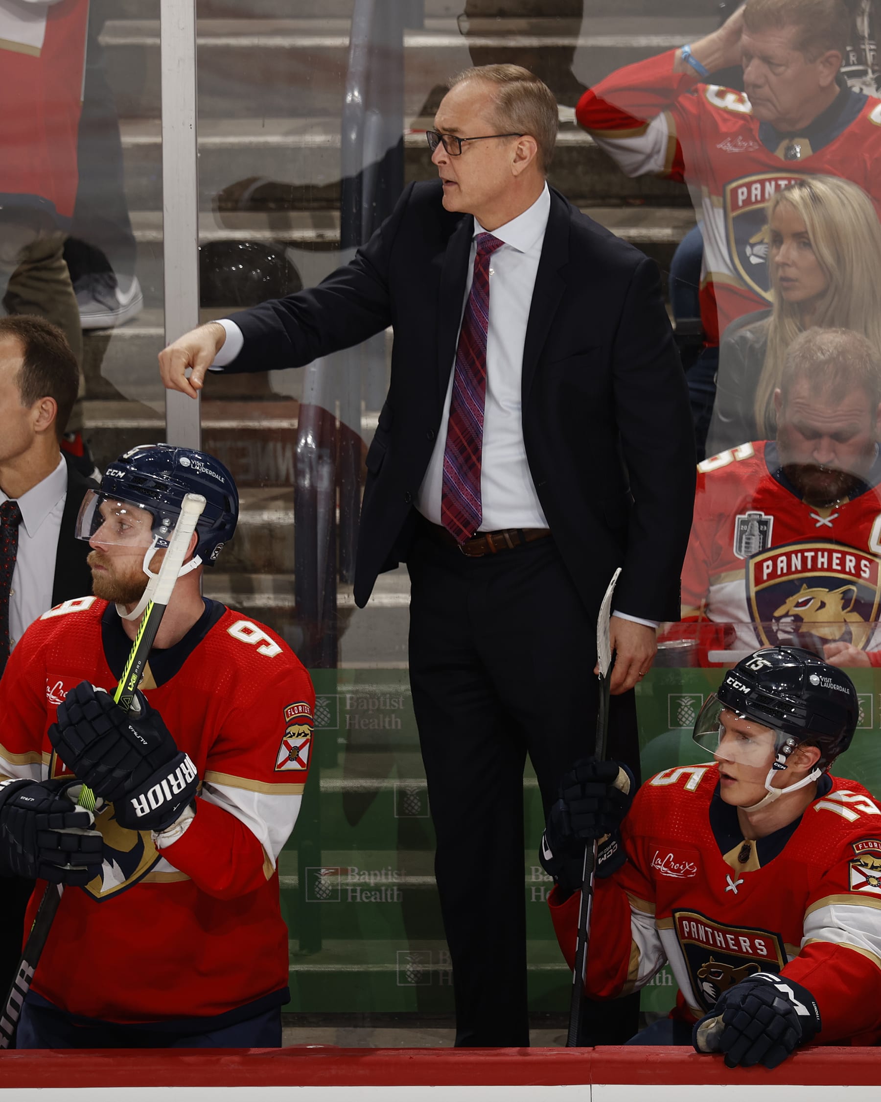 SUNRISE, FL - MARCH 16: Head coach Paul Maurice of the Florida Panthers reacts to third period action against the Tampa Bay Lightning at the Amerant Bank Arena on March 16, 2024 in Sunrise, Florida. (Photo by Joel Auerbach/Getty Images)