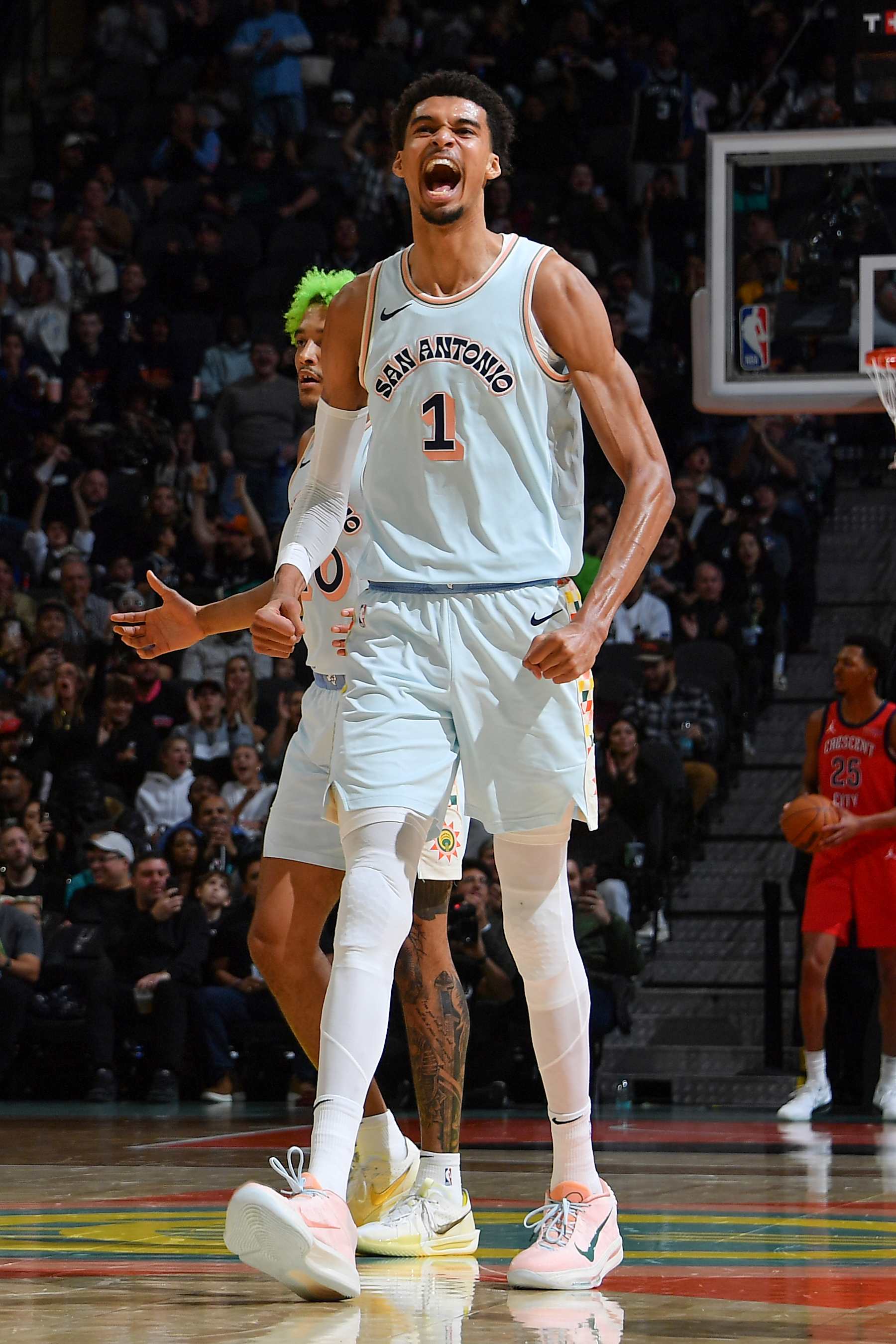 SAN ANTONIO, TX - DECEMBER 8: Victor Wembanyama #1 of the San Antonio Spurs celebrates during the game against the New Orleans Pelicans on December 8, 2024 at the Frost Bank Center in San Antonio, Texas. NOTE TO USER: User expressly acknowledges and agrees that, by downloading and or using this photograph, user is consenting to the terms and conditions of the Getty Images License Agreement. Mandatory Copyright Notice: Copyright 2024 NBAE (Photos by Michael Gonzales/NBAE via Getty Images)