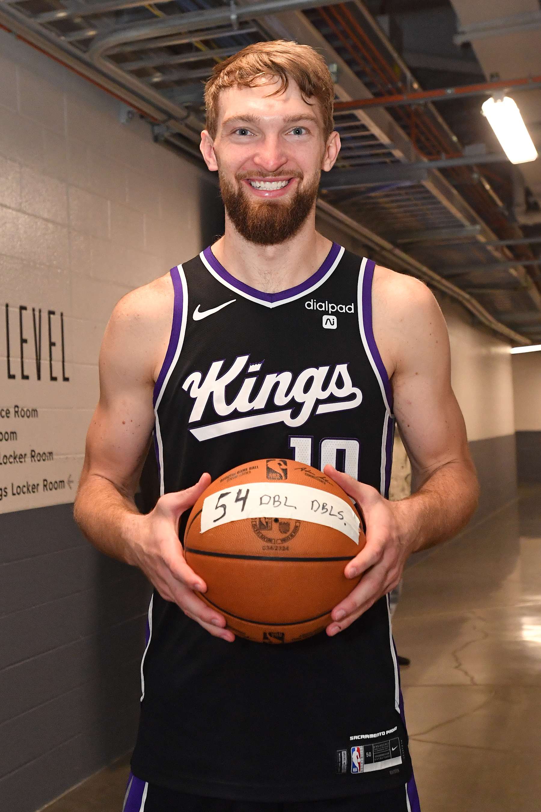 SACRAMENTO, CA - March 25: Domantas Sabonis #10 of the Sacramento Kings smiles after his 54th double double against the Philadelphia 76ers on March 25, 2024 at Golden 1 Center in Sacramento, California. NOTE TO USER: User expressly acknowledges and agrees that, by downloading and or using this Photograph, user is consenting to the terms and conditions of the Getty Images License Agreement. Mandatory Copyright Notice: Copyright 2024 NBAE (Photo by Juan Ocampo/NBAE via Getty Images)