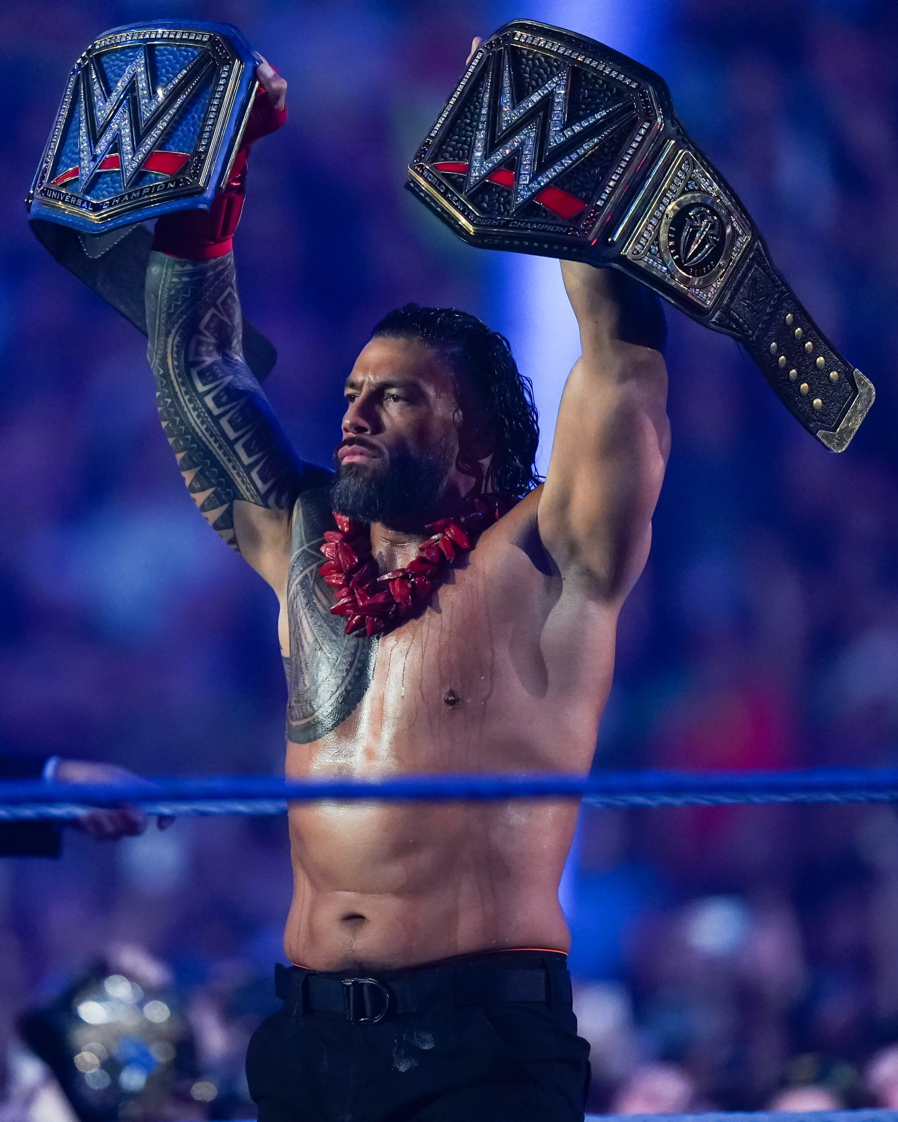 SAN ANTONIO, TEXAS - JANUARY 28: Roman Reigns looks on prior to the WWE and Universal Championship match during the WWE Royal Rumble event at the Alamodome on January 28, 2023 in San Antonio, Texas. (Photo by Alex Bierens de Haan/Getty Images)