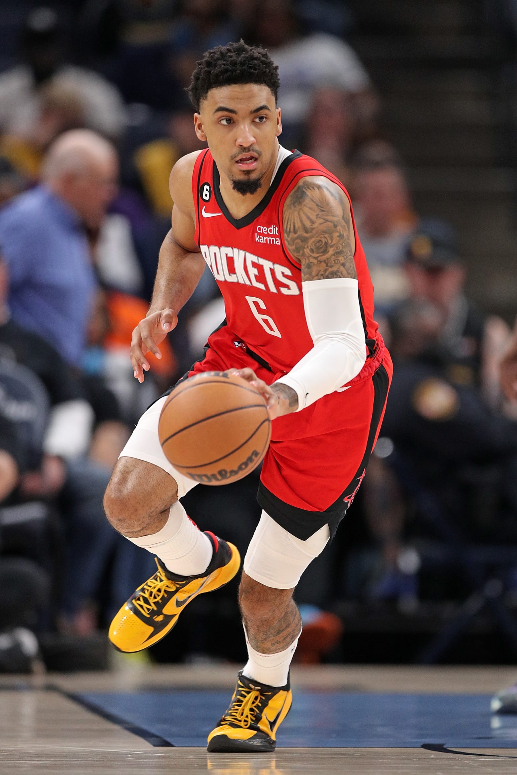 MEMPHIS, TENNESSEE - MARCH 24: Kenyon Martin Jr. #6 of the Houston Rockets brings the ball up court during the game against the Memphis Grizzlies at FedExForum on March 24, 2023 in Memphis, Tennessee. NOTE TO USER: User expressly acknowledges and agrees that, by downloading and or using this photograph, User is consenting to the terms and conditions of the Getty Images License Agreement. (Photo by Justin Ford/Getty Images)