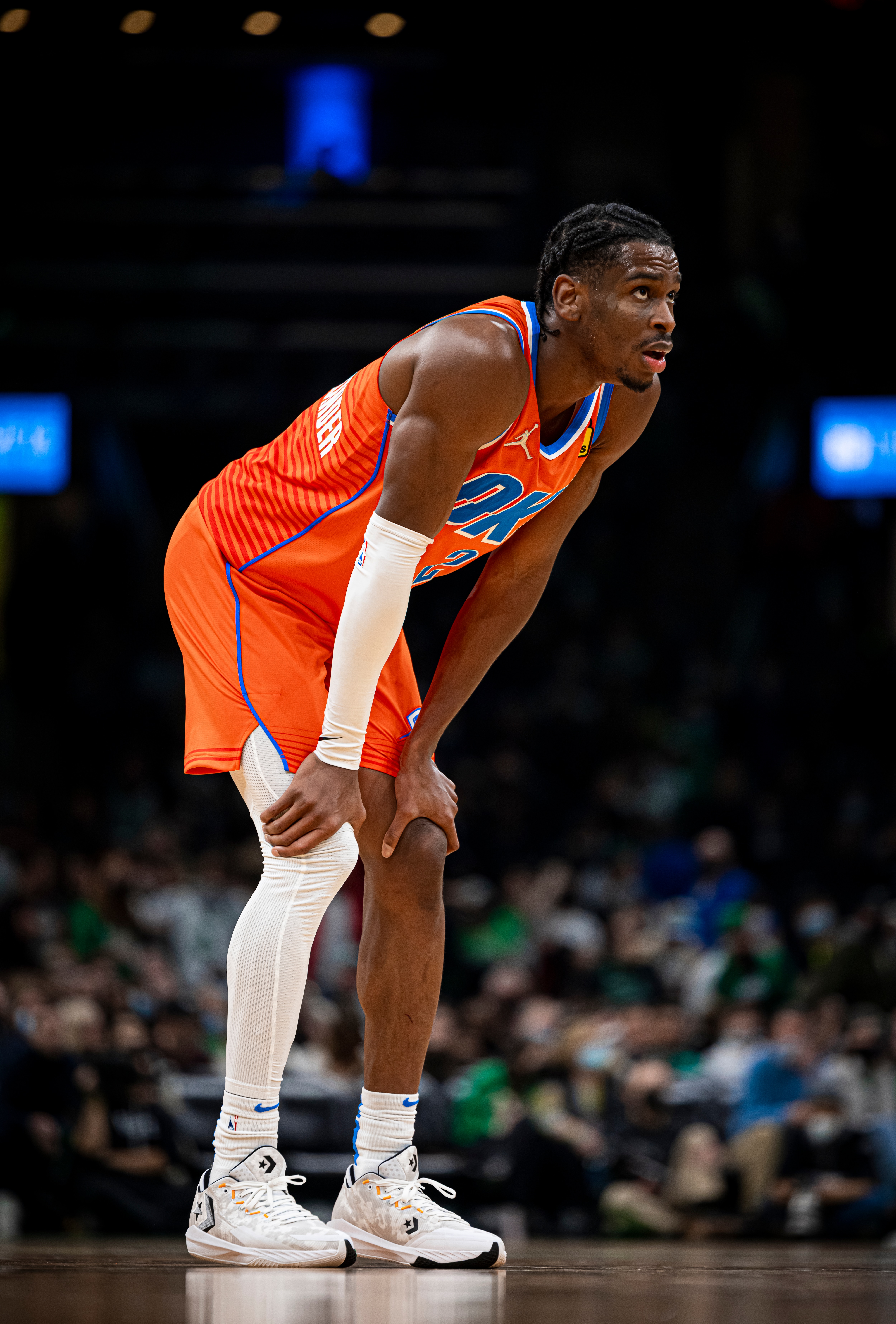 BOSTON, MA - NOVEMBER 20: Shai Gilgeous-Alexander #2 of the Oklahoma City Thunder looks on against the Boston Celtics on November 20, 2021 at the TD Garden in Boston, Massachusetts. NOTE TO USER: User expressly acknowledges and agrees that, by downloading and or using this photograph, User is consenting to the terms and conditions of the Getty Images License Agreement. Mandatory Copyright Notice: Copyright 2021 NBAE (Photo by Zach Beeker/NBAE via Getty Images)