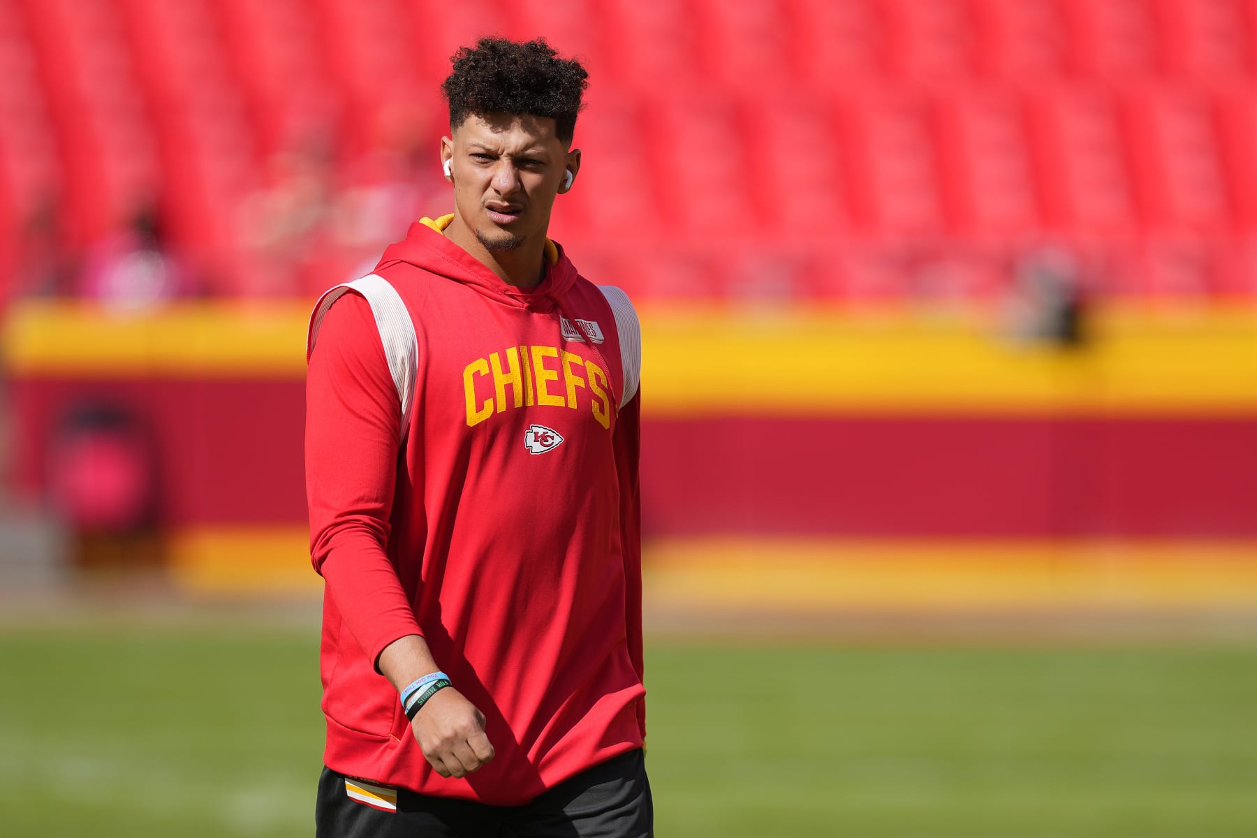 KANSAS CITY, MISSOURI - OCTOBER 16: Patrick Mahomes #15 of the Kansas City Chiefs looks on prior to the game against the Buffalo Bills at Arrowhead Stadium on October 16, 2022 in Kansas City, Missouri. (Photo by Jason Hanna/Getty Images)